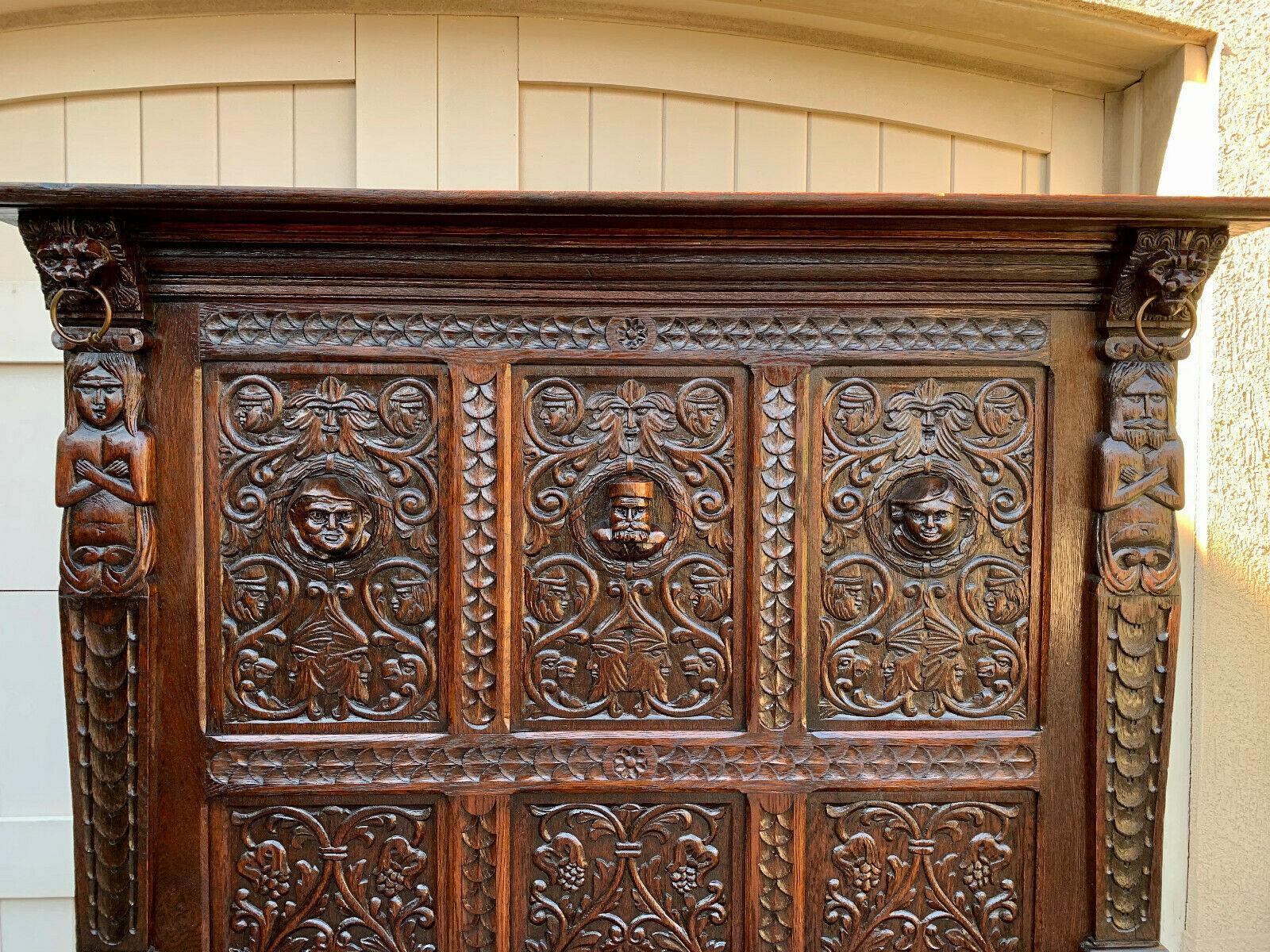 Antique French Carved Oak Hall Bench Entry Pew Gothic Breton Renaissance Settle 1