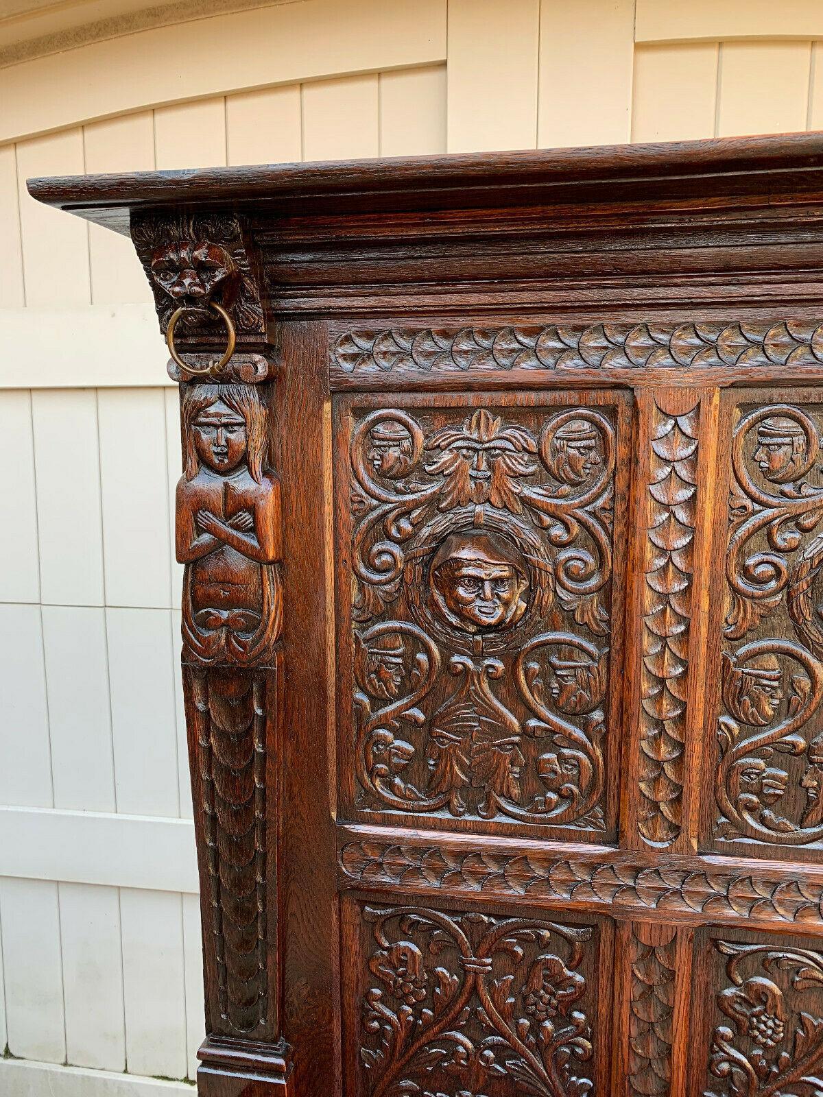 Antique French Carved Oak Hall Bench Entry Pew Gothic Breton Renaissance Settle 3
