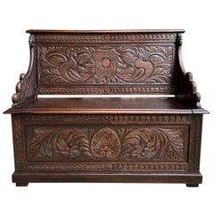 Antique French Carved Oak Hall Bench Renaissance Gothic Chapel