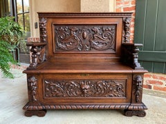 Antique French Carved Oak Hall Bench Trunk Chest Renaissance Greek Griffin Eagle