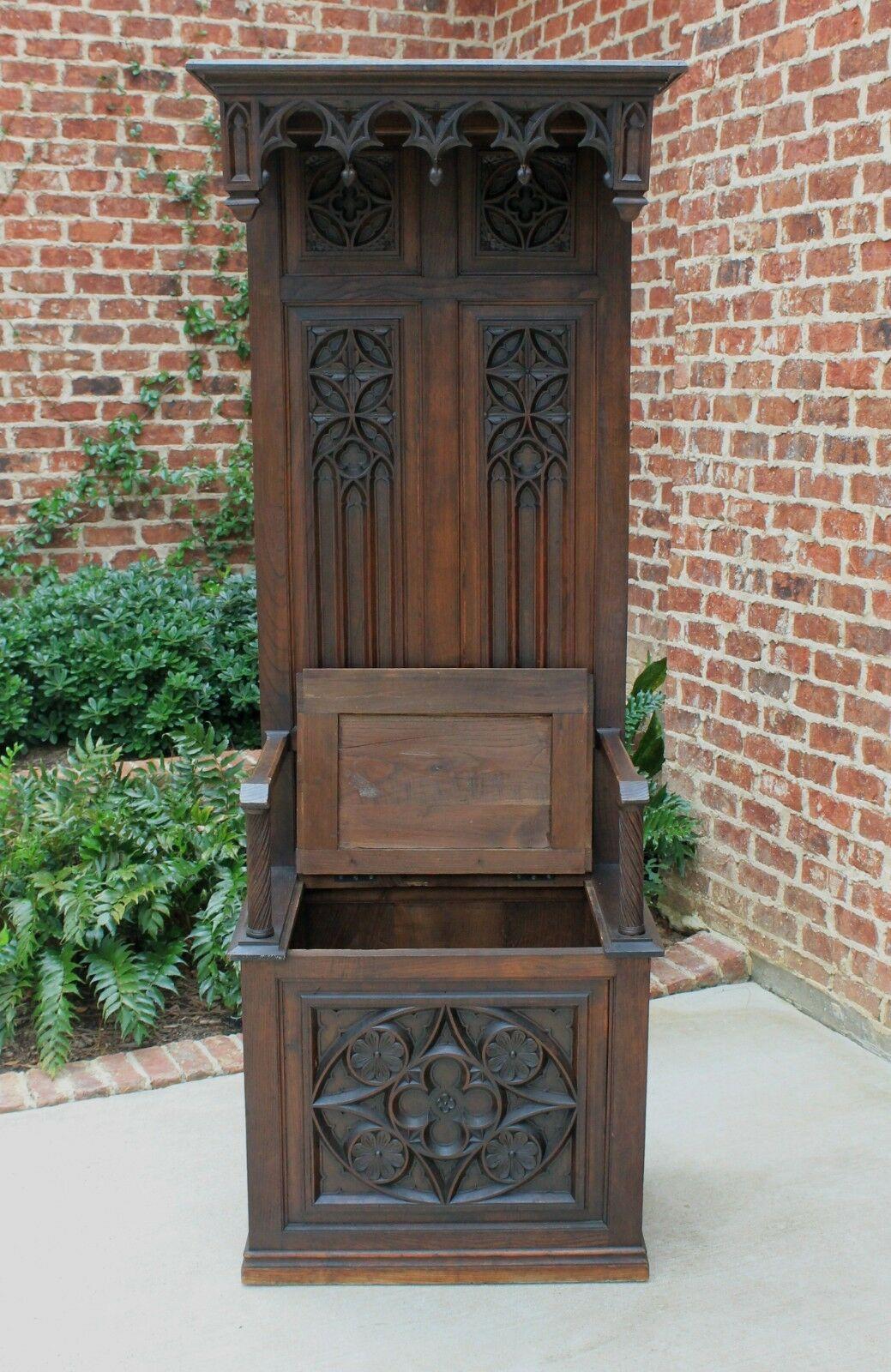 Antique French Carved Oak Hall Seat Monk's Bench Throne Chair Canopy Tall 19th C 5