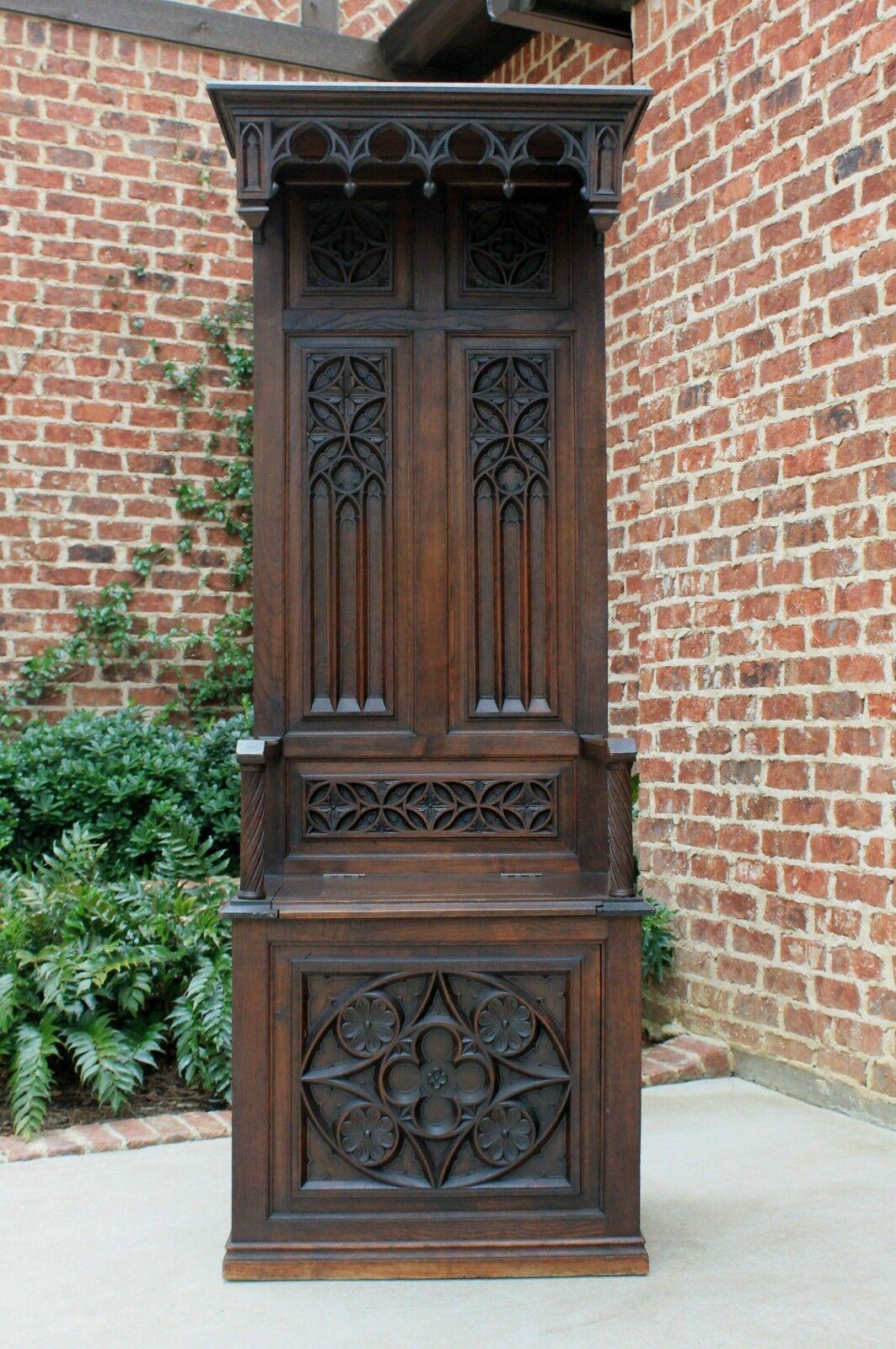 Superb antique French oak gothic tall gothic hall seat, bench or throne chair~~highly carved with canopy and finials~~c. 1870s 

Rare 19th century French Gothic hall seat, bench or throne chair~~rarely do we come across such a beautiful piece~~fit