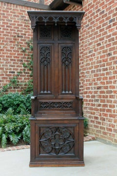 Antique French Carved Oak Hall Seat Monk's Bench Throne Chair Canopy Tall 19th C
