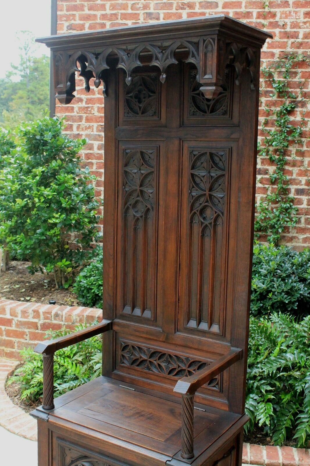 Gothic Revival Antique French Carved Oak Hall Seat Monk's Bench Throne Chair Canopy Tall 19th C