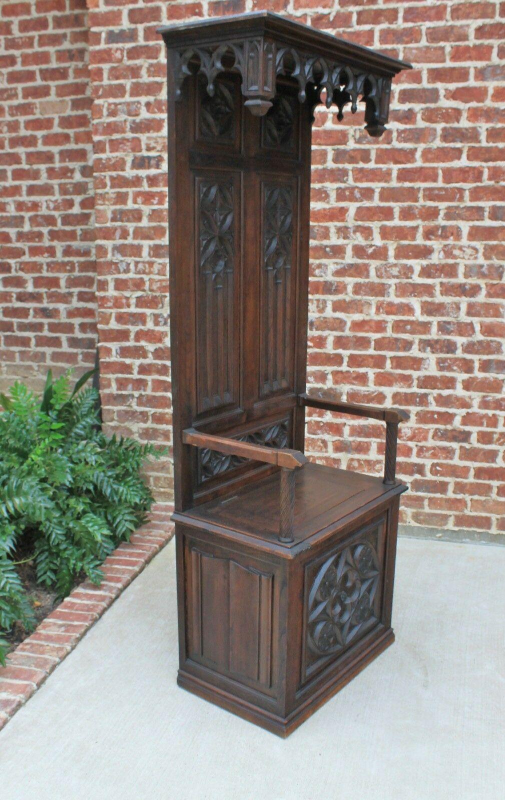 Antique French Carved Oak Hall Seat Monk's Bench Throne Chair Canopy Tall 19th C 1