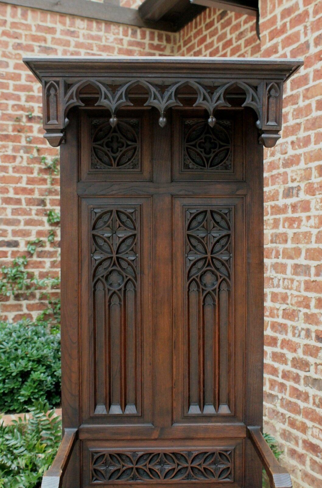 Antique French Carved Oak Hall Seat Monk's Bench Throne Chair Canopy Tall 19th C 2