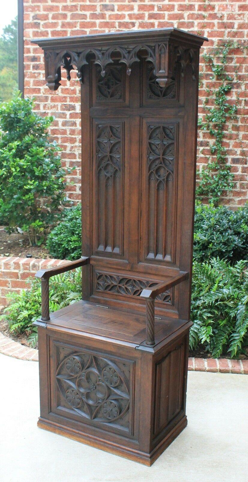 Antique French Carved Oak Hall Seat Monk's Bench Throne Chair Canopy Tall 19th C 3