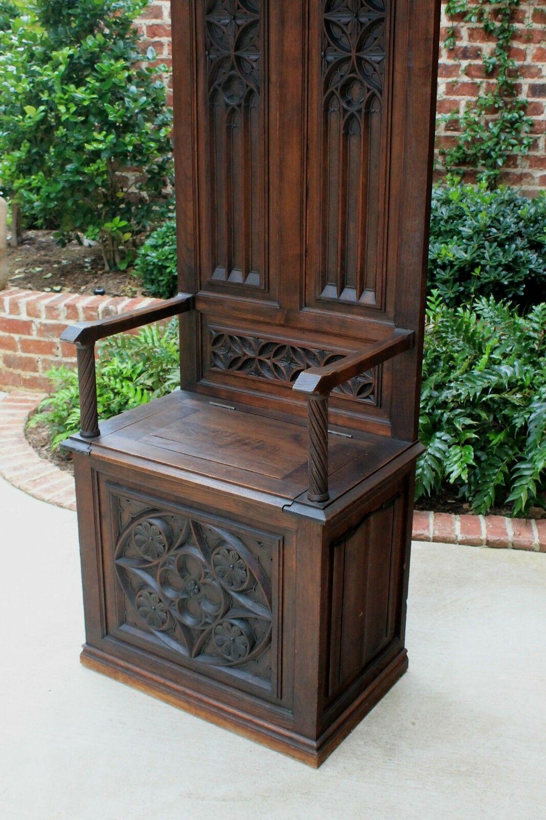 Antique French Carved Oak Hall Seat Monk's Bench Throne Chair Canopy Tall 19th C 4