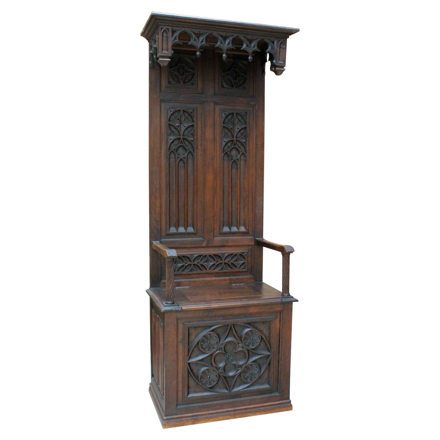Antique French Carved Oak Hall Seat Monk
s Bench Throne Chair Canopy Tall 19th C