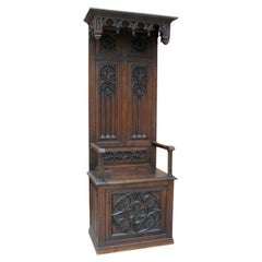 Antique French Carved Oak Hall Seat Monk's Bench Throne Chair Canopy Tall 19th C