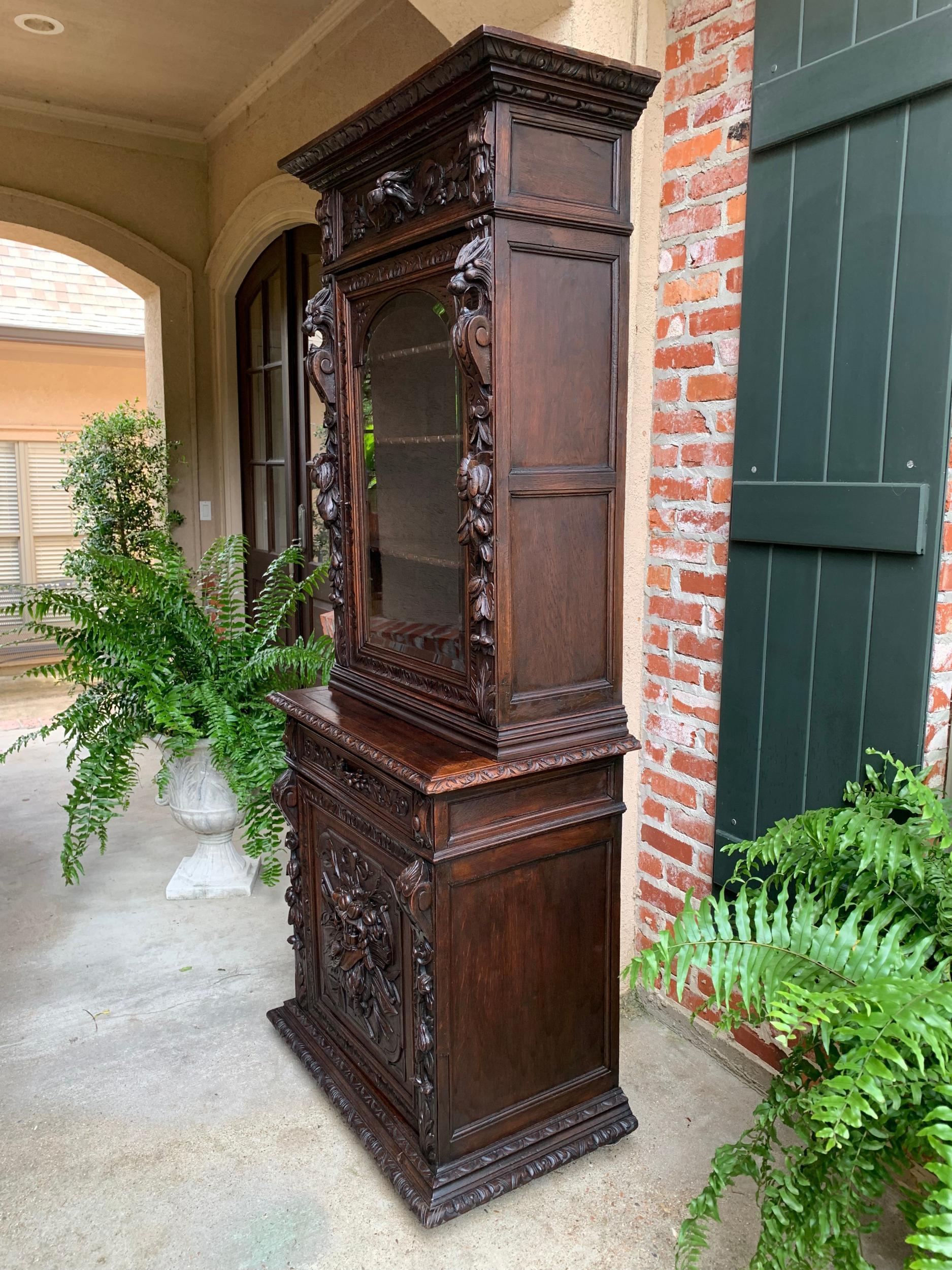 Antique French Carved Oak Hunt Cabinet Bookcase Black Forest Renaissance Display 4