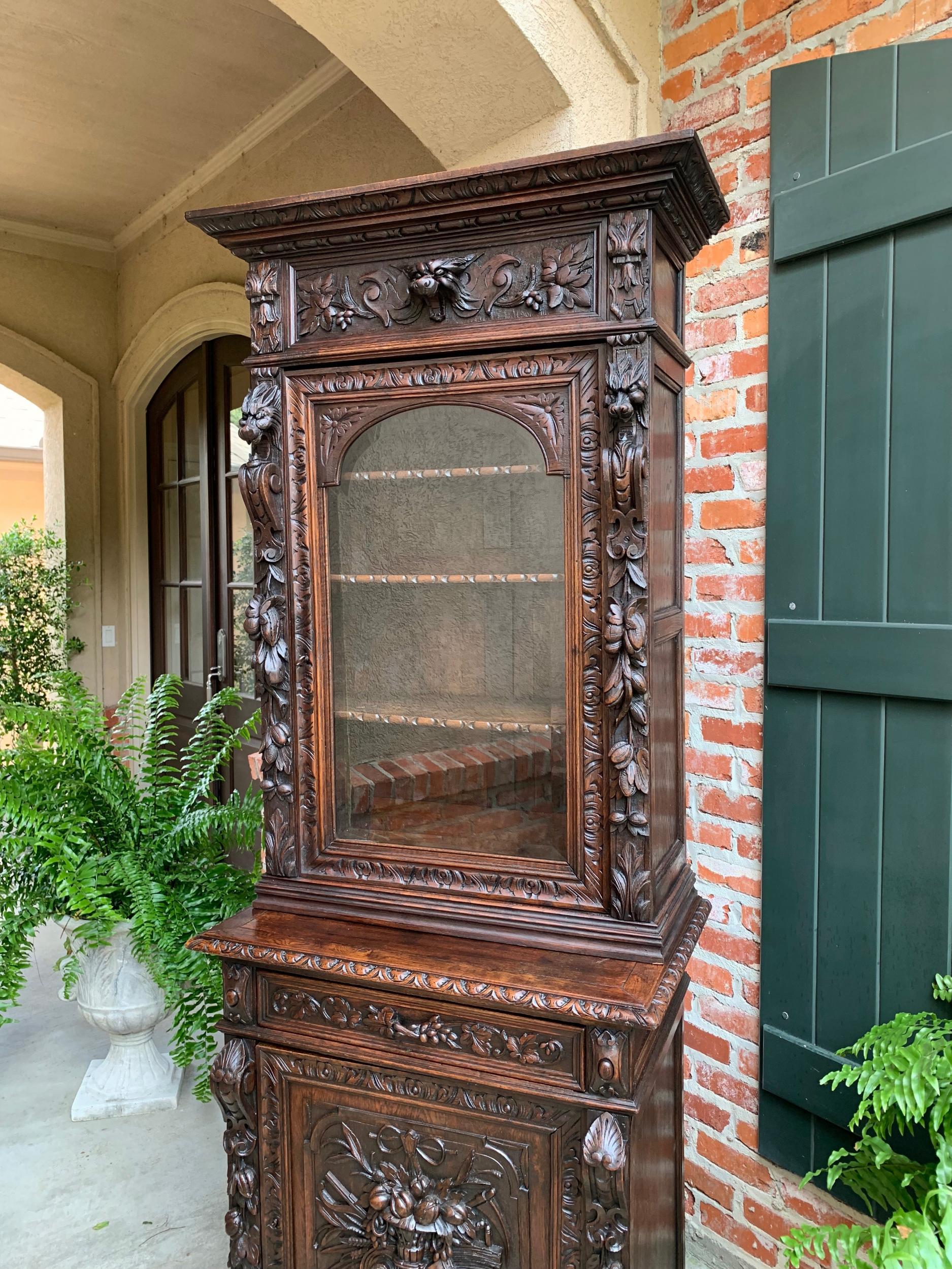 Antique French Carved Oak Hunt Cabinet Bookcase Black Forest Renaissance Display 7