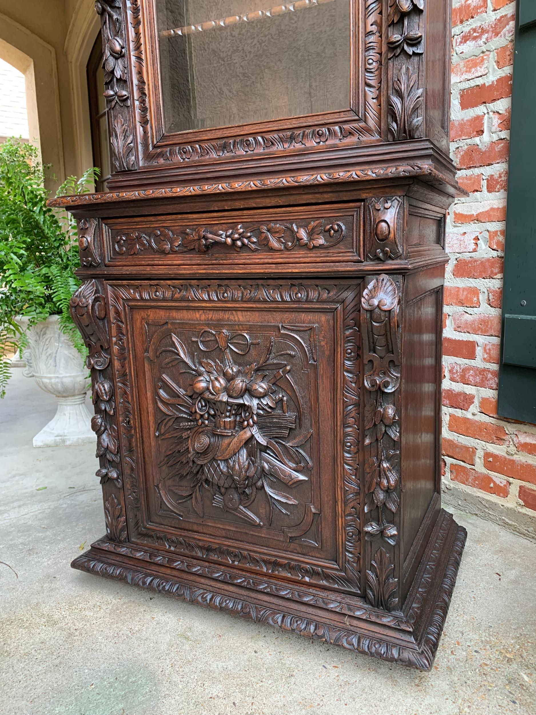 Antique French Carved Oak Hunt Cabinet Bookcase Black Forest Renaissance Display 9