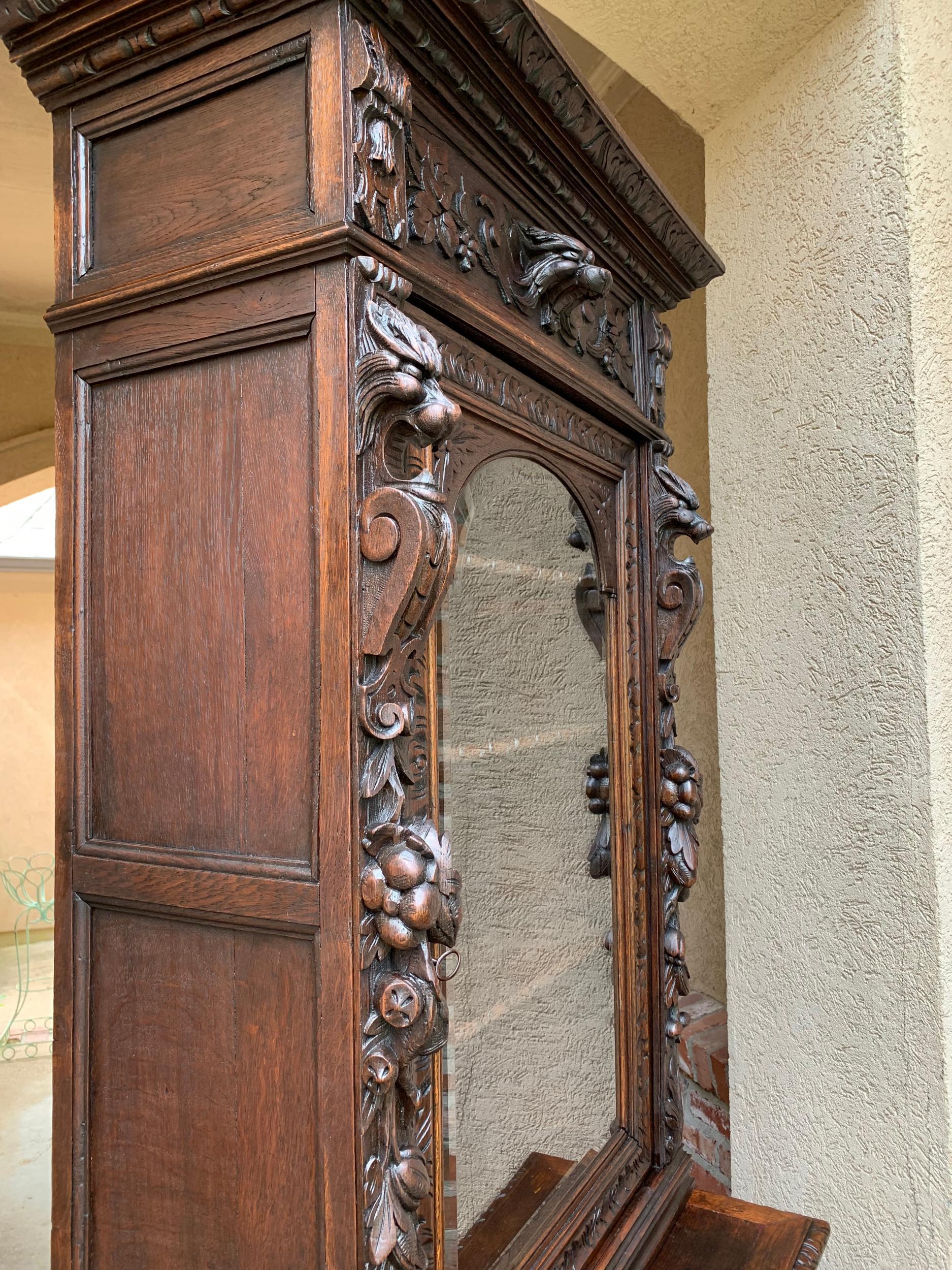 Antique French Carved Oak Hunt Cabinet Bookcase Black Forest Renaissance Display 12