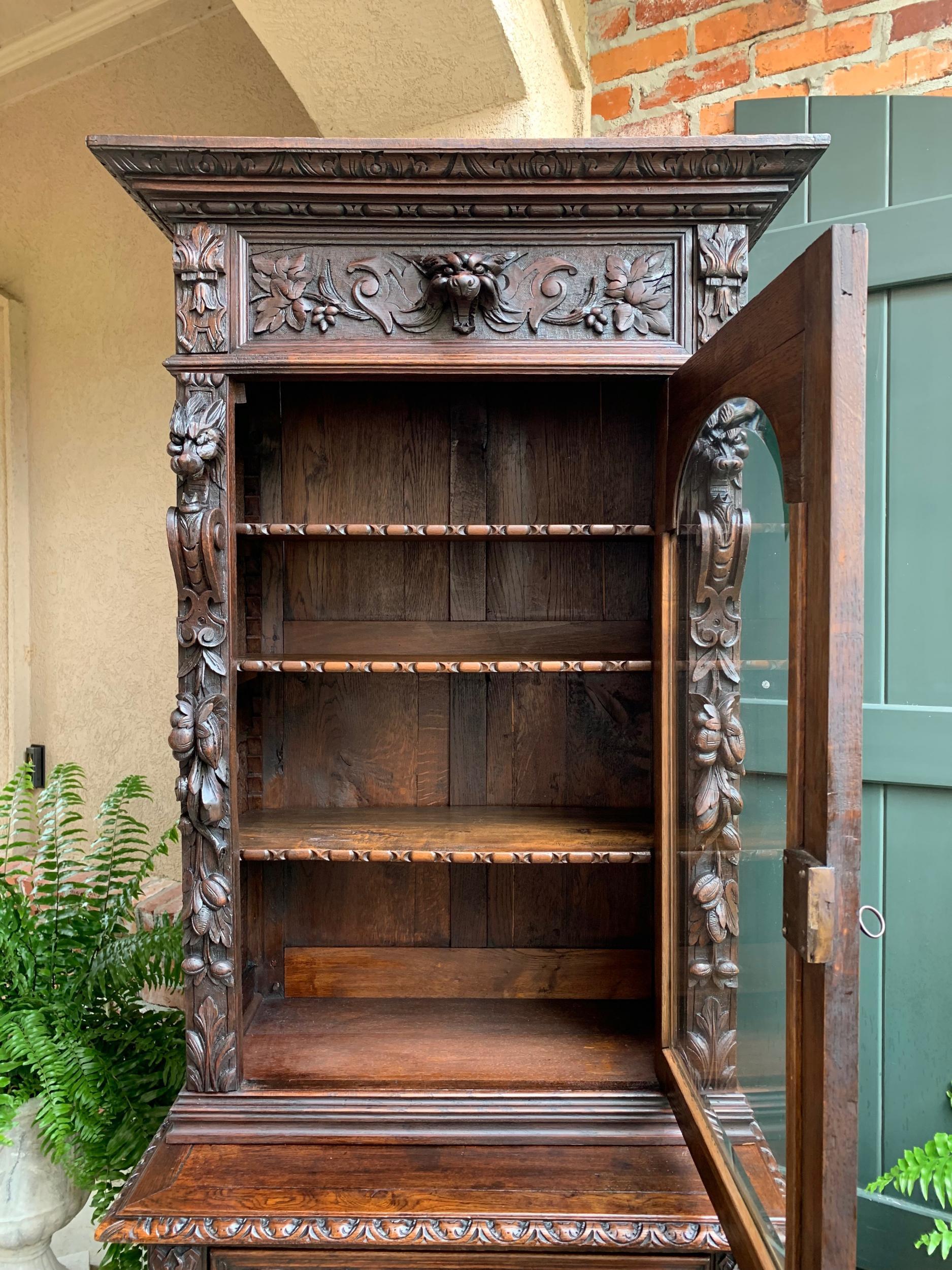 Antique French Carved Oak Hunt Cabinet Bookcase Black Forest Renaissance Display 13