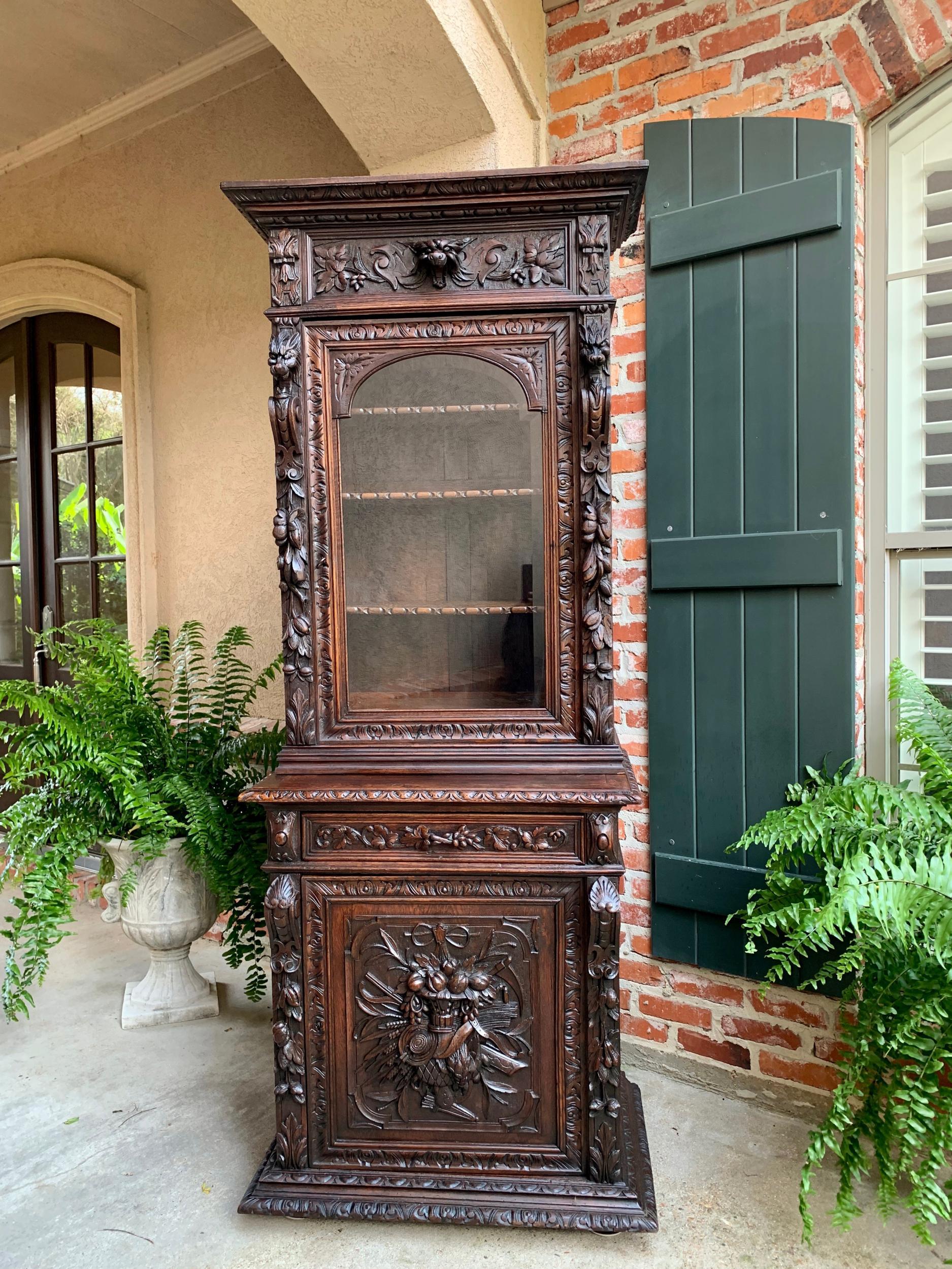 Beveled Antique French Carved Oak Hunt Cabinet Bookcase Black Forest Renaissance Display
