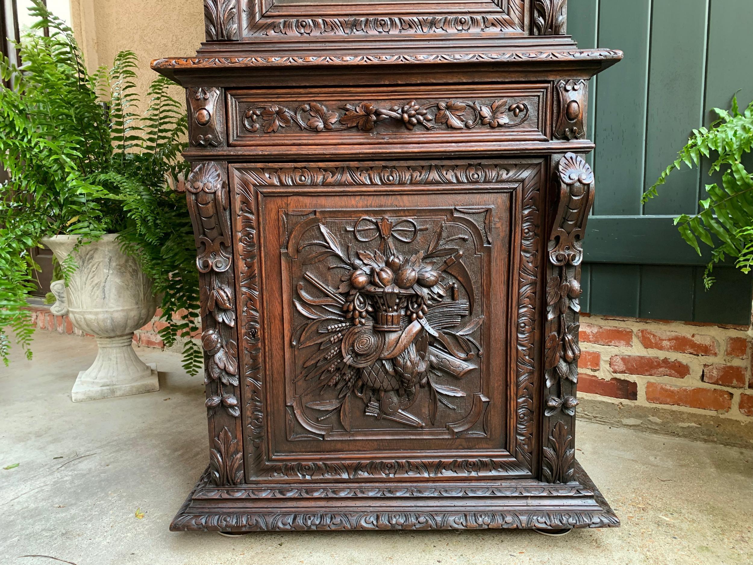 Glass Antique French Carved Oak Hunt Cabinet Bookcase Black Forest Renaissance Display