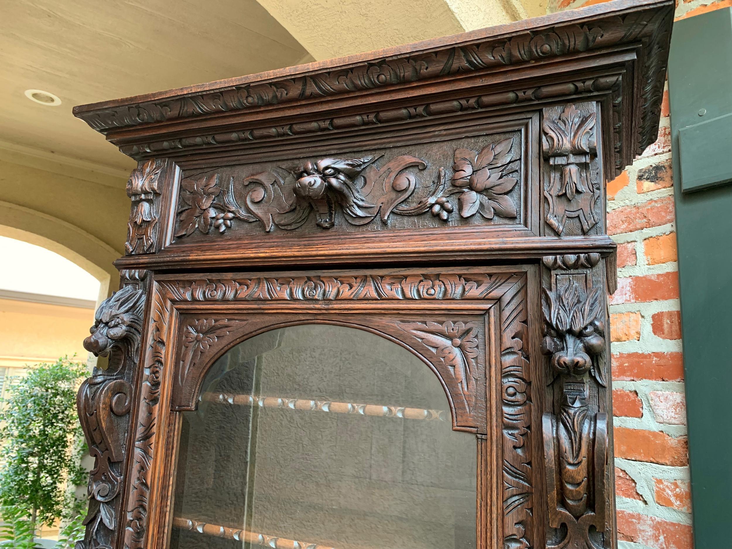 Antique French Carved Oak Hunt Cabinet Bookcase Black Forest Renaissance Display 1