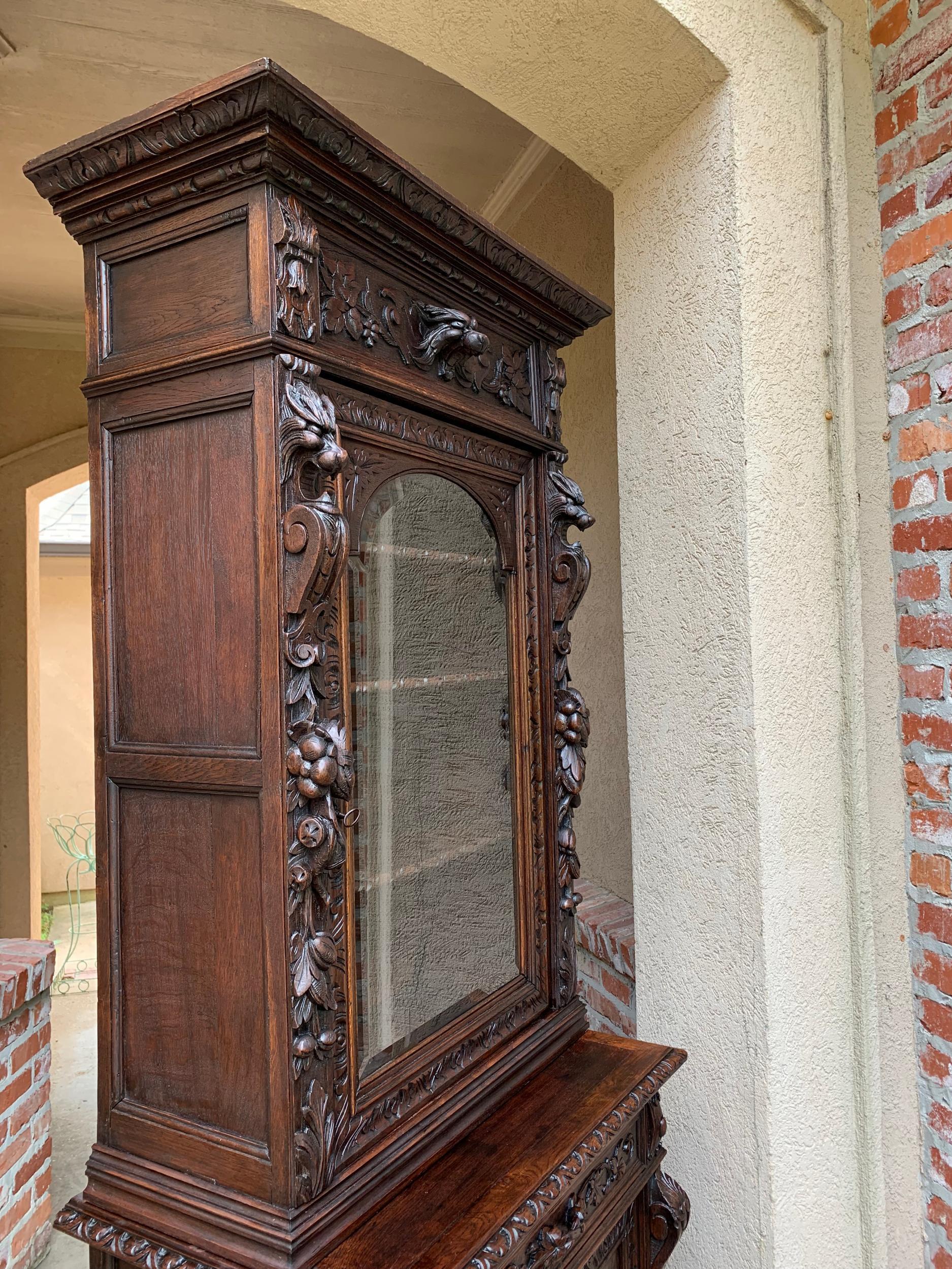 Antique French Carved Oak Hunt Cabinet Bookcase Black Forest Renaissance Display 3