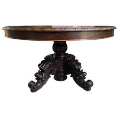 Antique French Carved Oak Hunt Coffee Table Renaissance Black Forest Oval c1900
