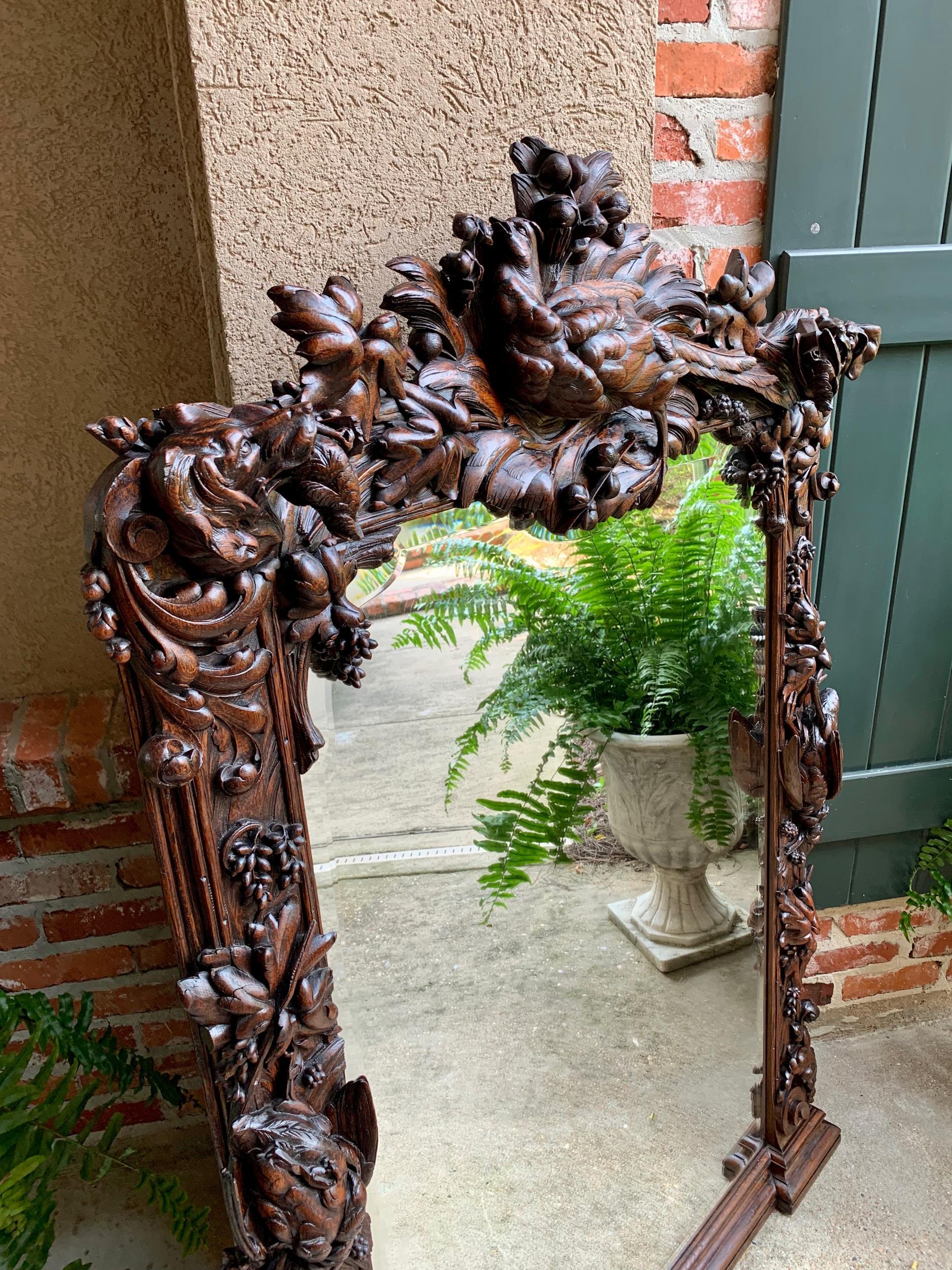 Antique French Carved Oak Hunt Hound Pheasant Pier Mantel Mirror Black Forest 6