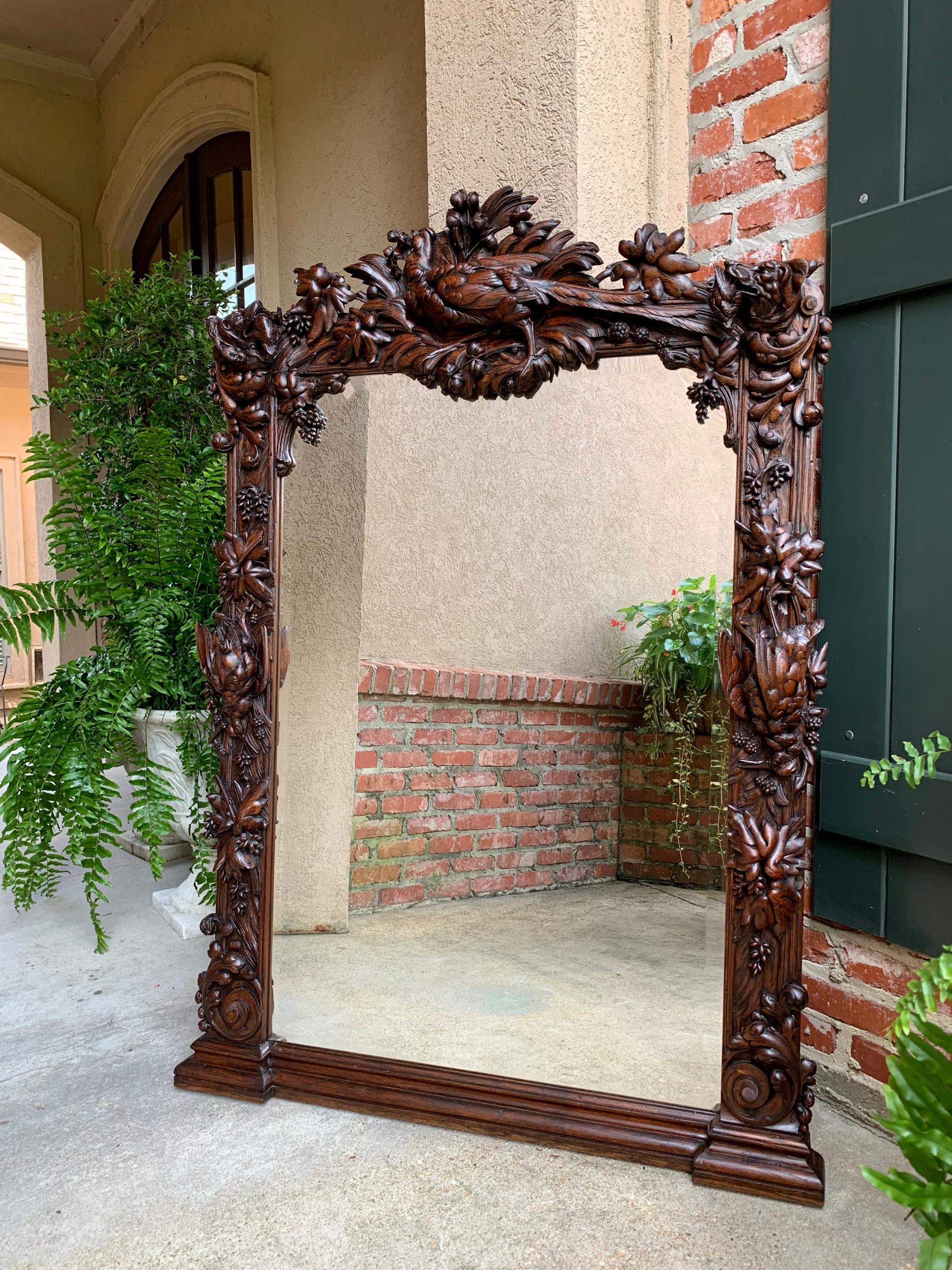 Antique French Carved Oak Hunt Hound Pheasant Pier Mantel Mirror Black Forest 8