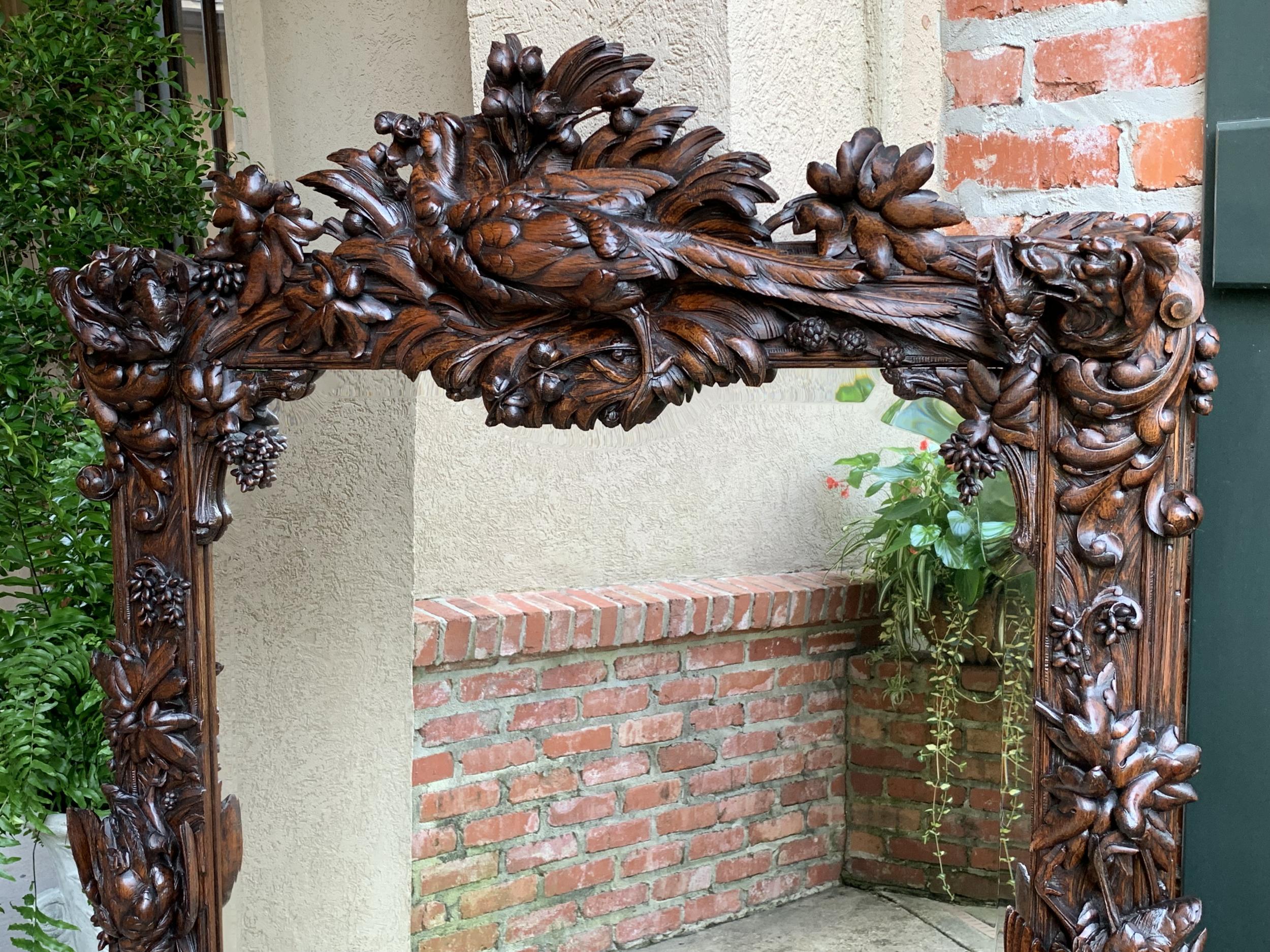 Antique French Carved Oak Hunt Hound Pheasant Pier Mantel Mirror Black Forest 9