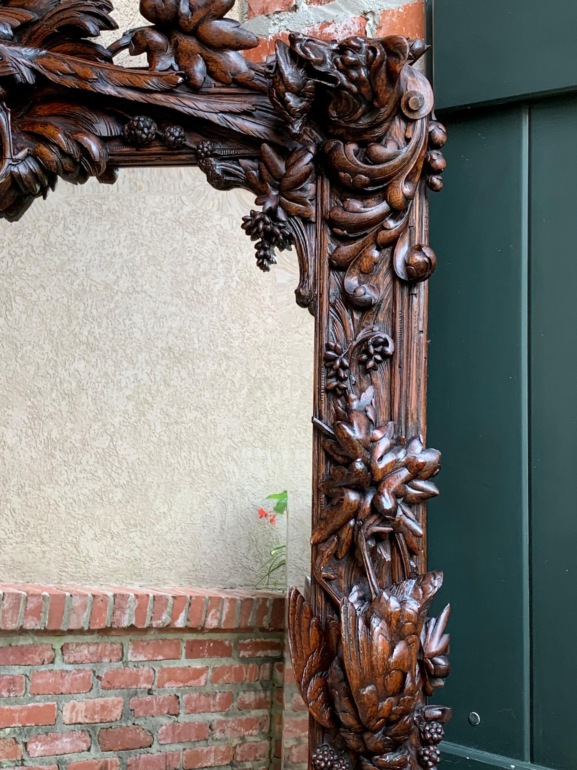 Antique French Carved Oak Hunt Hound Pheasant Pier Mantel Mirror Black Forest 12