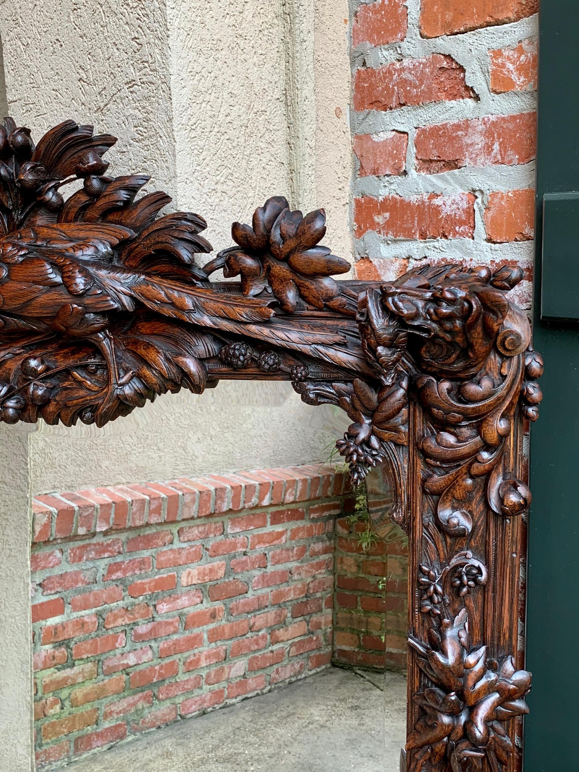 Antique French Carved Oak Hunt Hound Pheasant Pier Mantel Mirror Black Forest 13