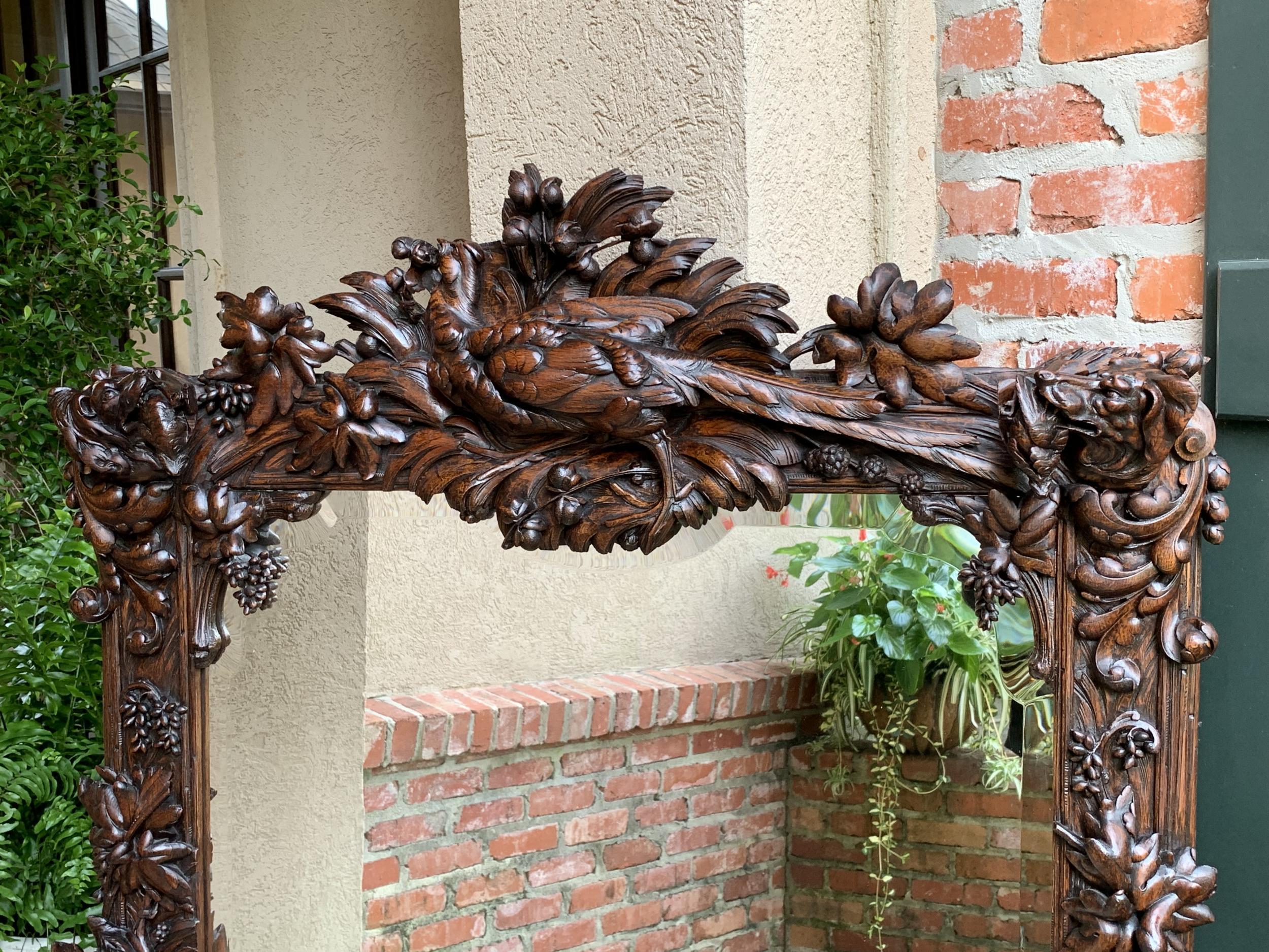 Hand-Carved Antique French Carved Oak Hunt Hound Pheasant Pier Mantel Mirror Black Forest