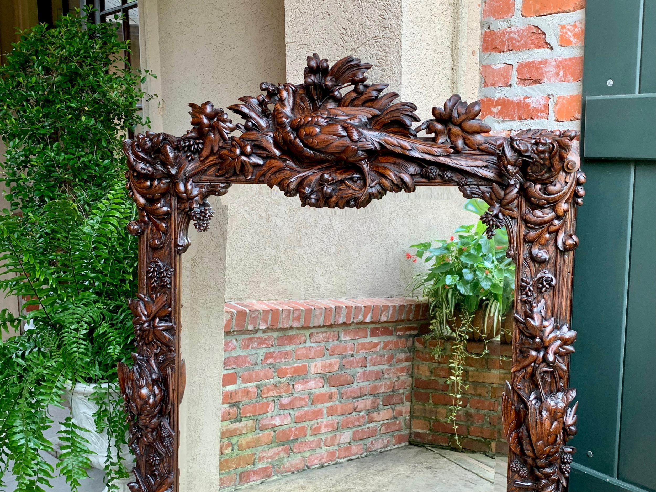 Antique French Carved Oak Hunt Hound Pheasant Pier Mantel Mirror Black Forest In Good Condition In Shreveport, LA