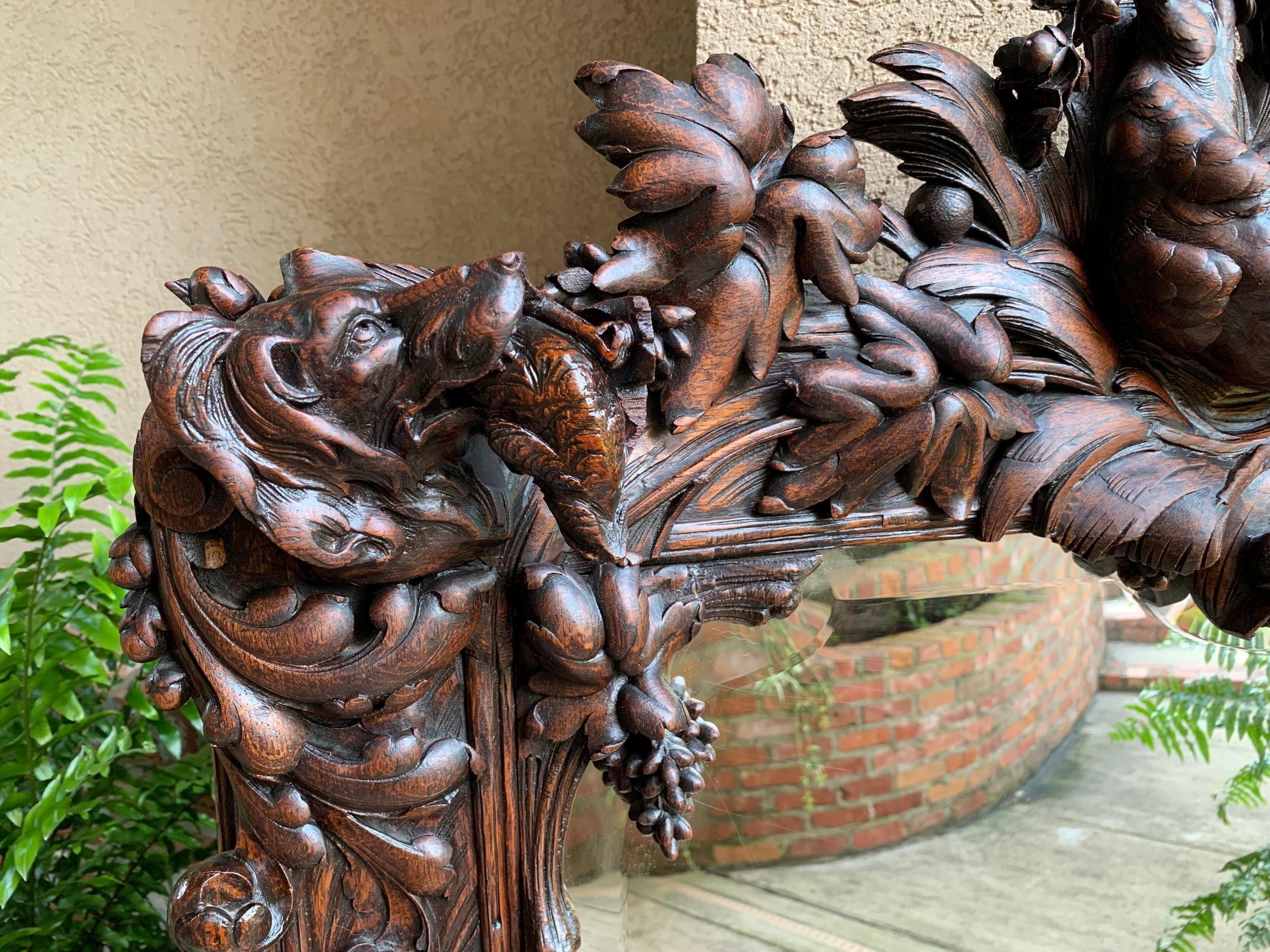 19th Century Antique French Carved Oak Hunt Hound Pheasant Pier Mantel Mirror Black Forest