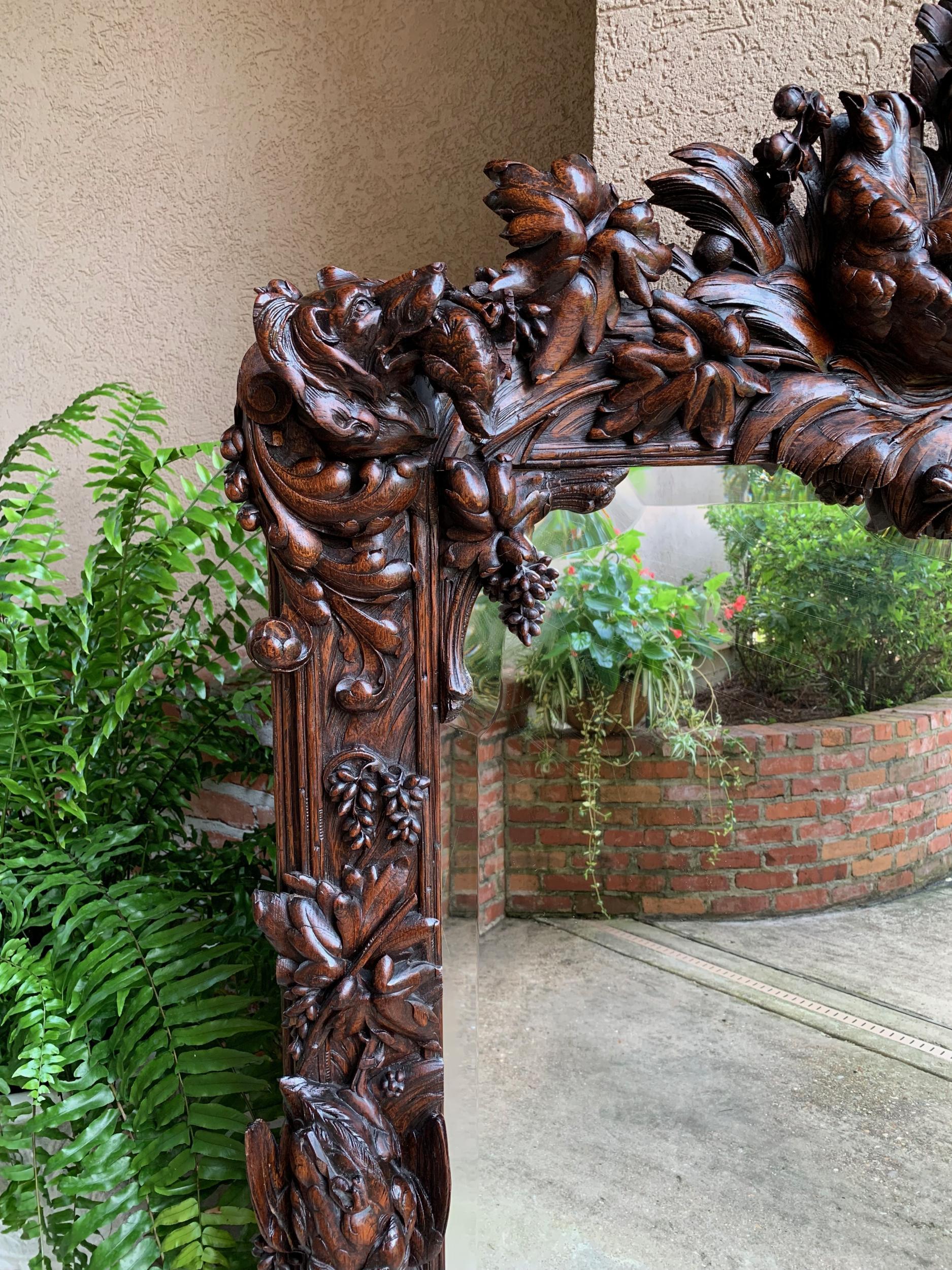 Antique French Carved Oak Hunt Hound Pheasant Pier Mantel Mirror Black Forest 1