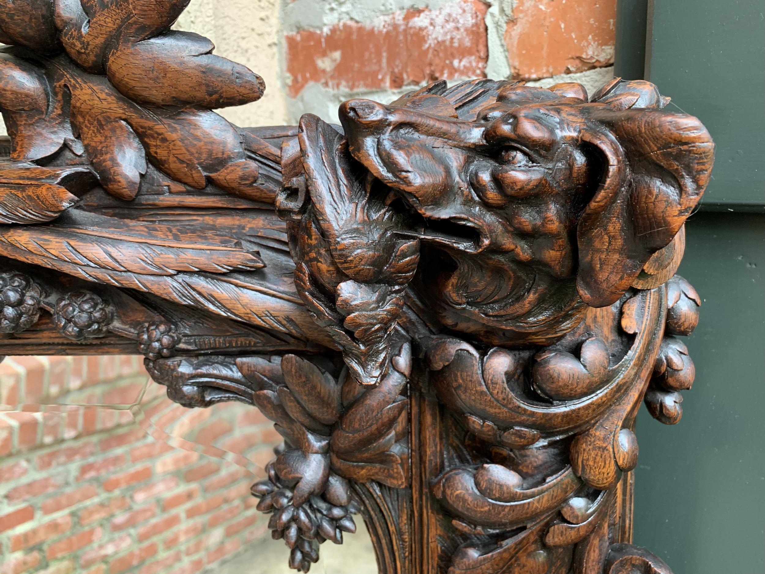 Antique French Carved Oak Hunt Hound Pheasant Pier Mantel Mirror Black Forest 2