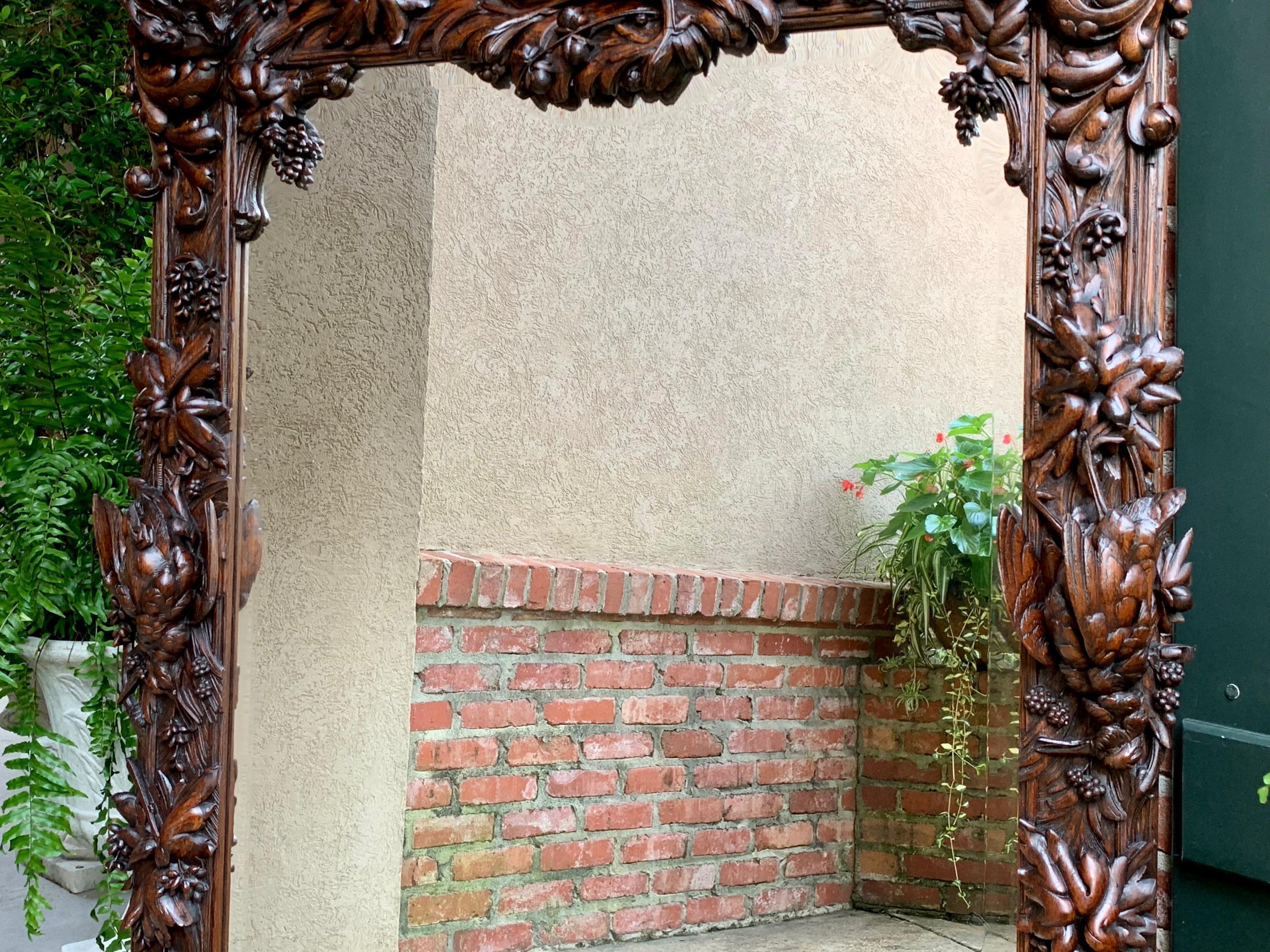 Antique French Carved Oak Hunt Hound Pheasant Pier Mantel Mirror Black Forest 3
