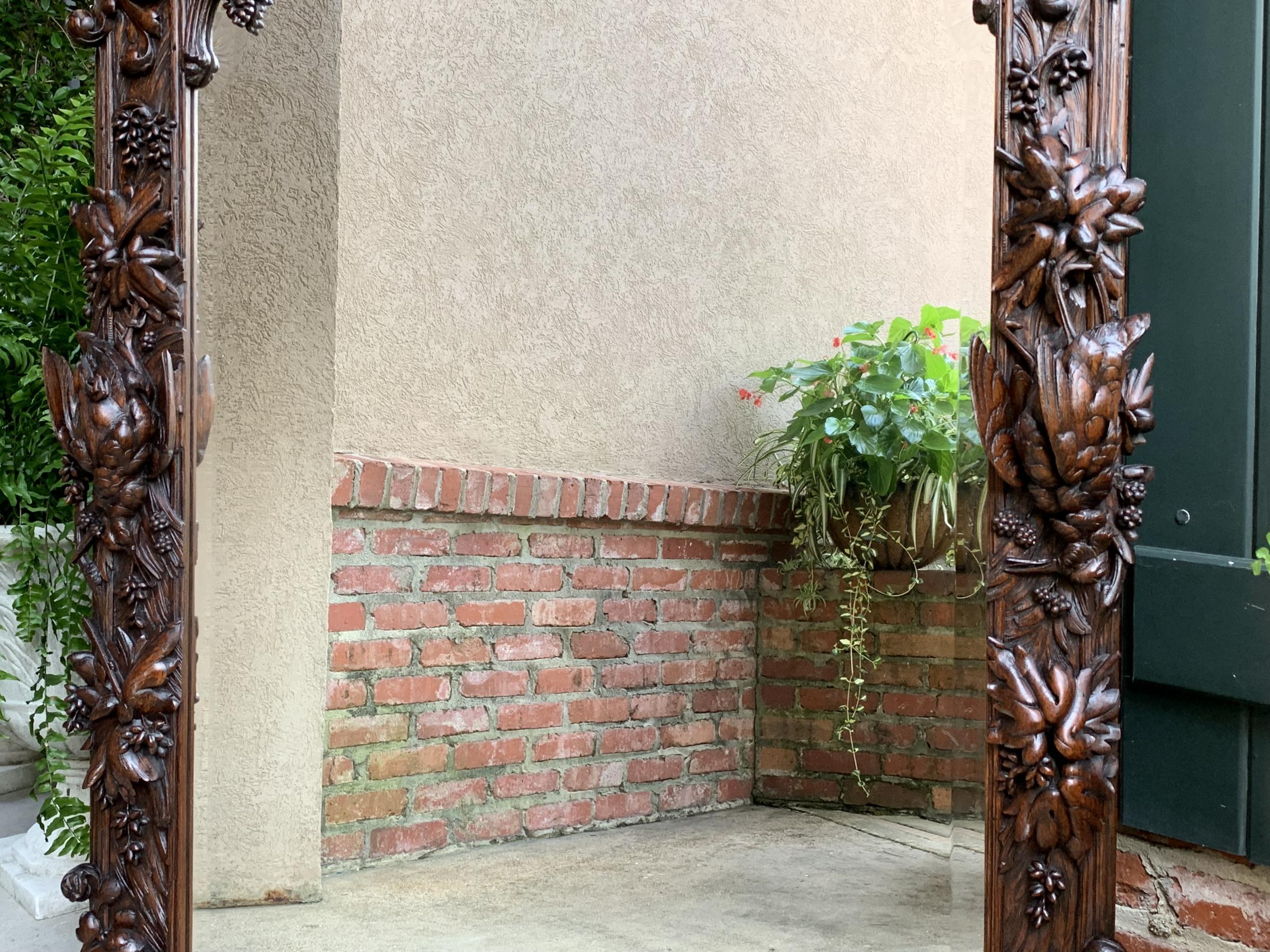 Antique French Carved Oak Hunt Hound Pheasant Pier Mantel Mirror Black Forest 4