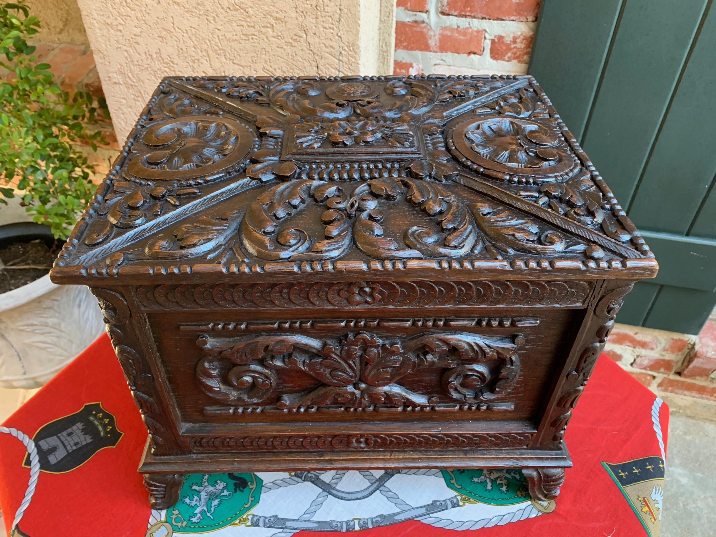 Antique French Carved Oak Letter Desk Box Black Forest Jewelry Collector Case 8