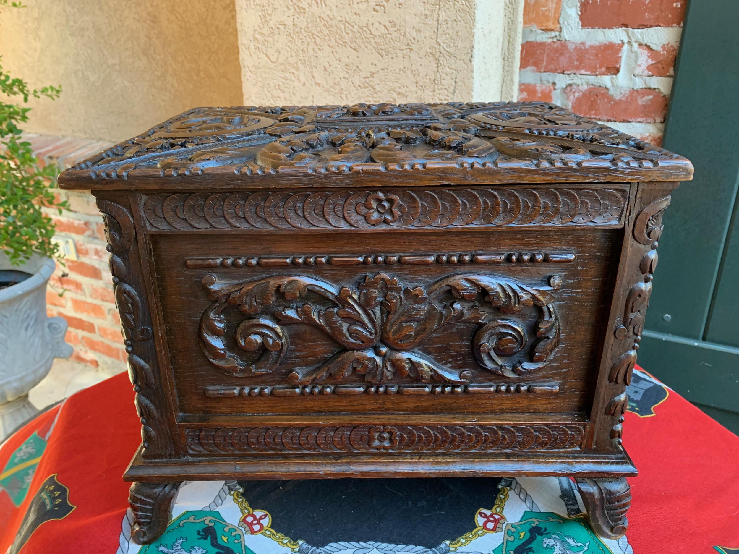 Antique French Carved Oak Letter Desk Box Black Forest Jewelry Collector Case 9