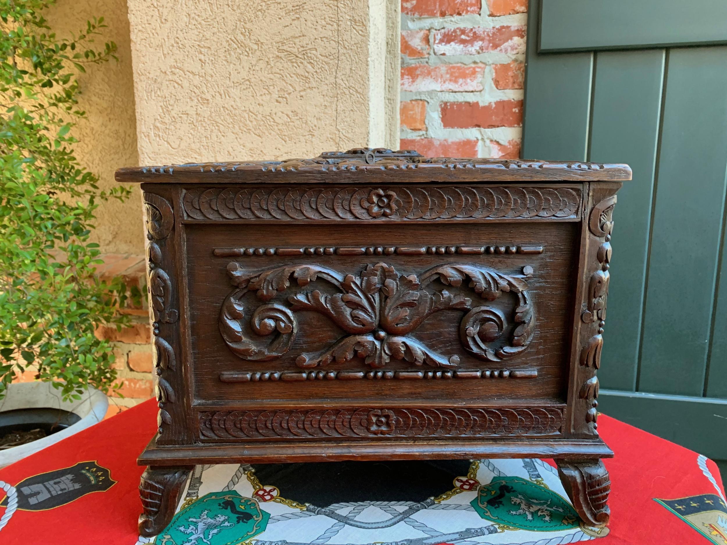 Hand-Carved Antique French Carved Oak Letter Desk Box Black Forest Jewelry Collector Case