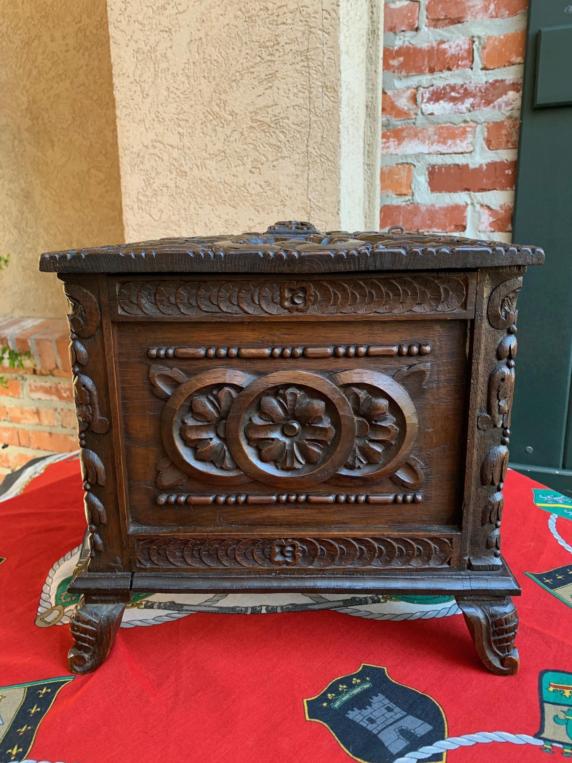 Antique French Carved Oak Letter Desk Box Black Forest Jewelry Collector Case 4