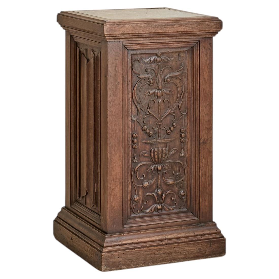 Antique French Carved Oak + Marble Top Pedestal
