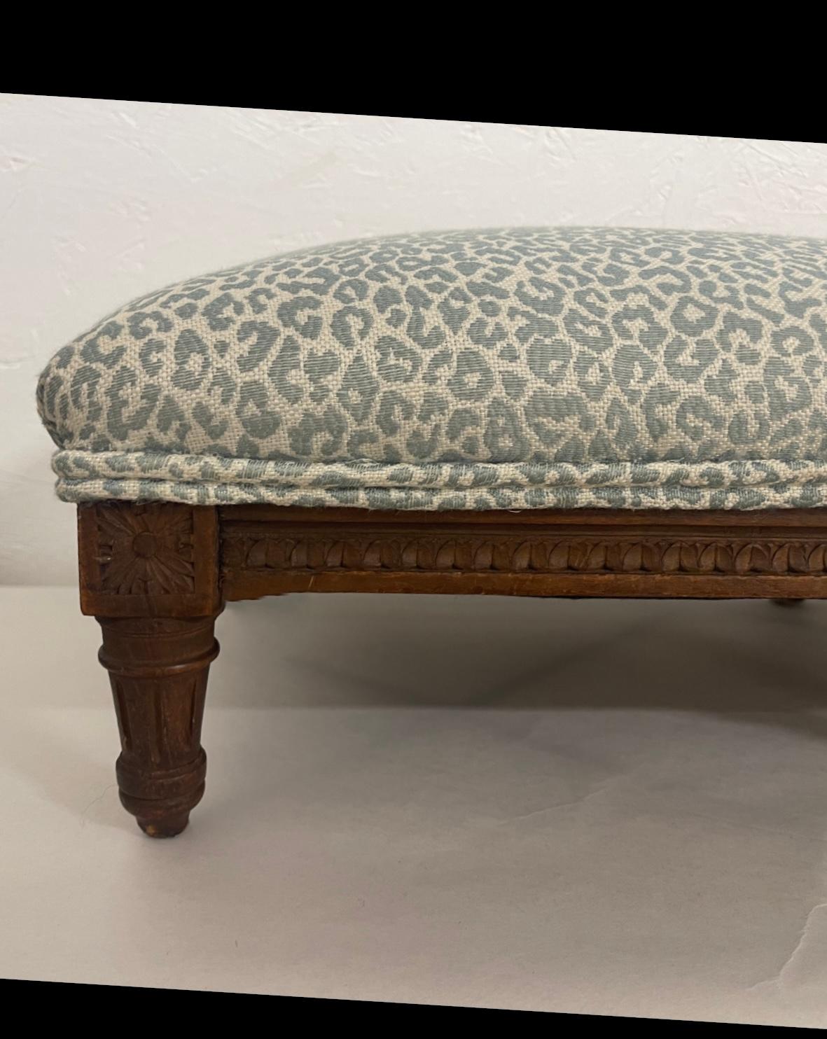 Louis XV Antique French Carved Oak Ottoman In Celadon Leopard Upholstery 