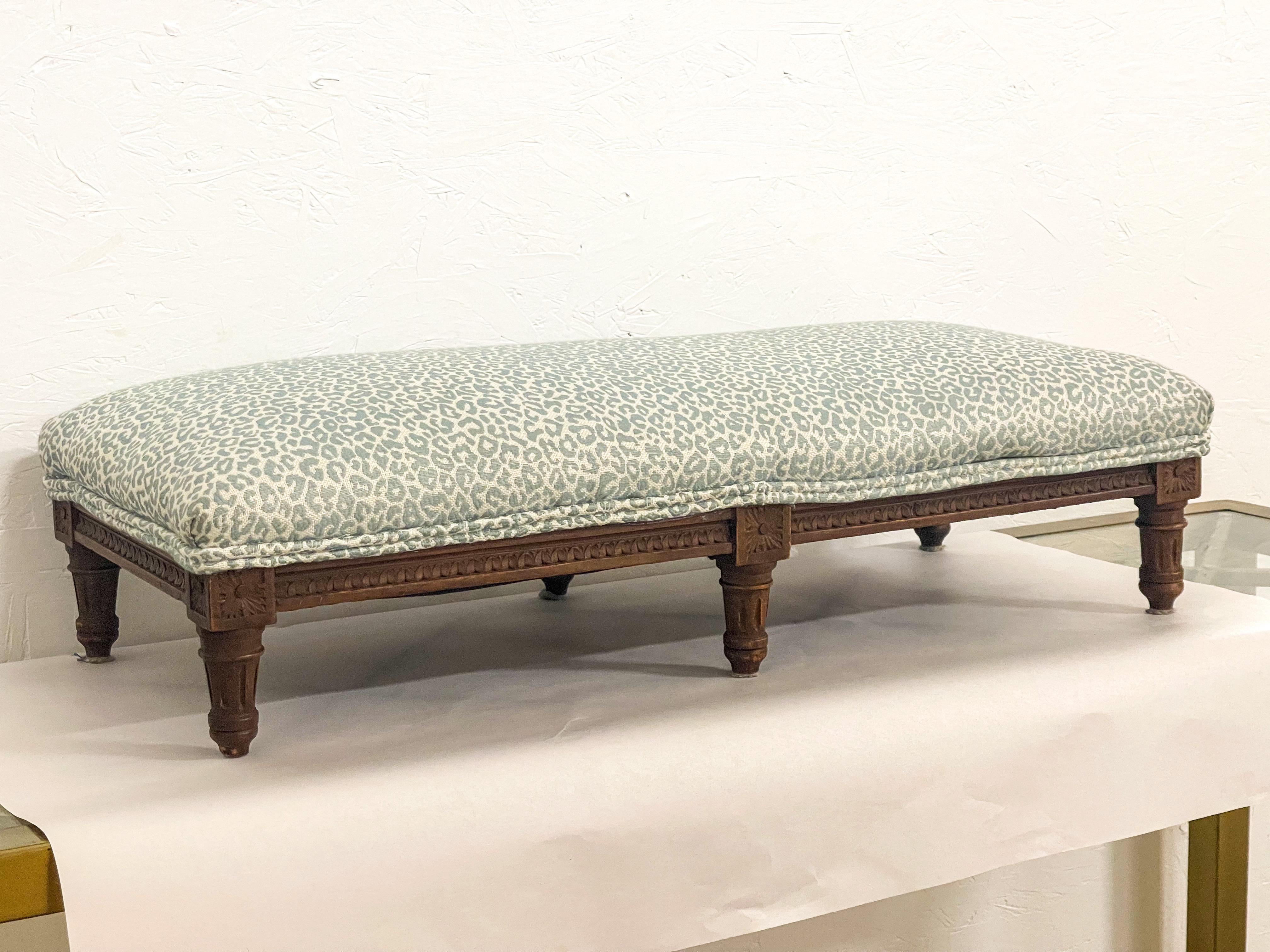 Antique French Carved Oak Ottoman In Celadon Leopard Upholstery  In Good Condition In Kennesaw, GA