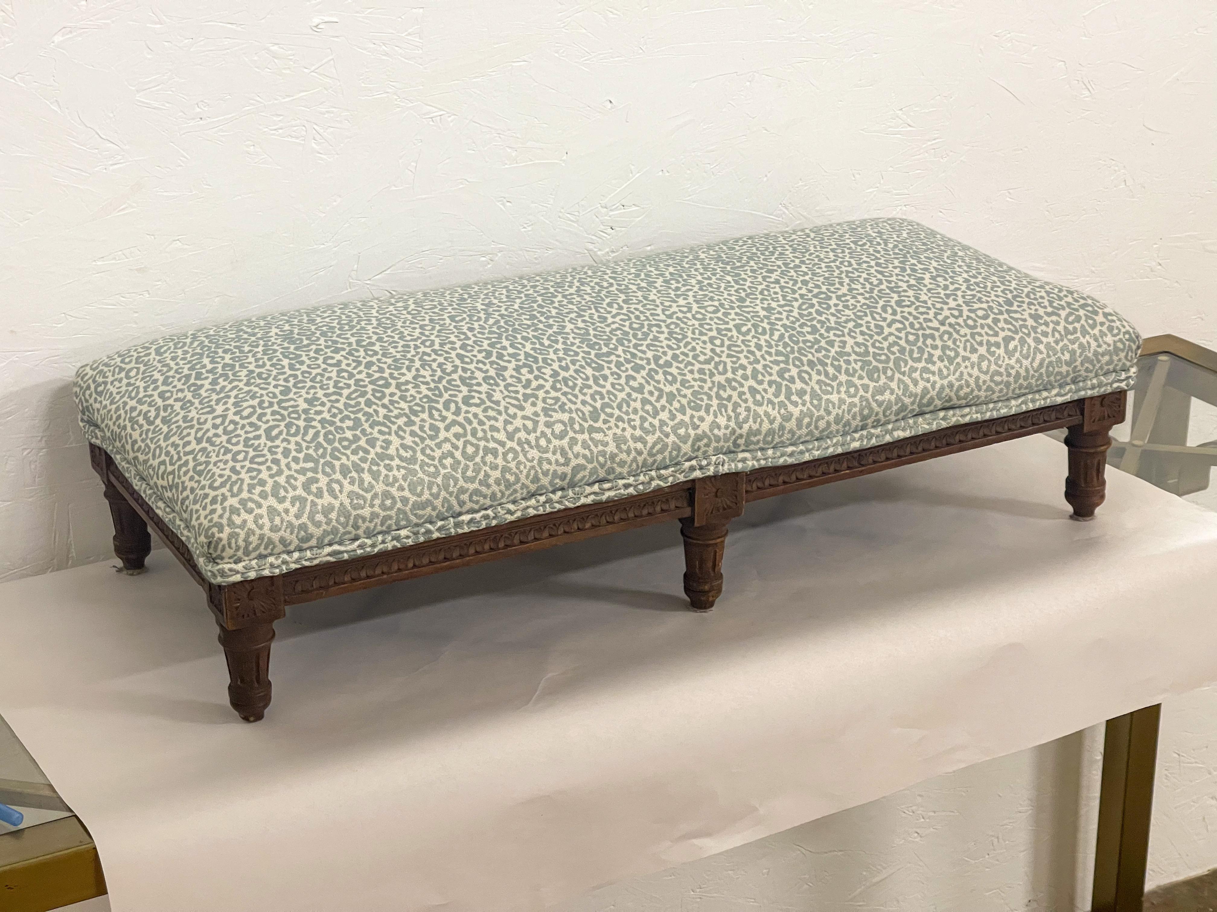 20th Century Antique French Carved Oak Ottoman In Celadon Leopard Upholstery 