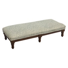 Antique French Carved Oak Ottoman In Celadon Leopard Upholstery