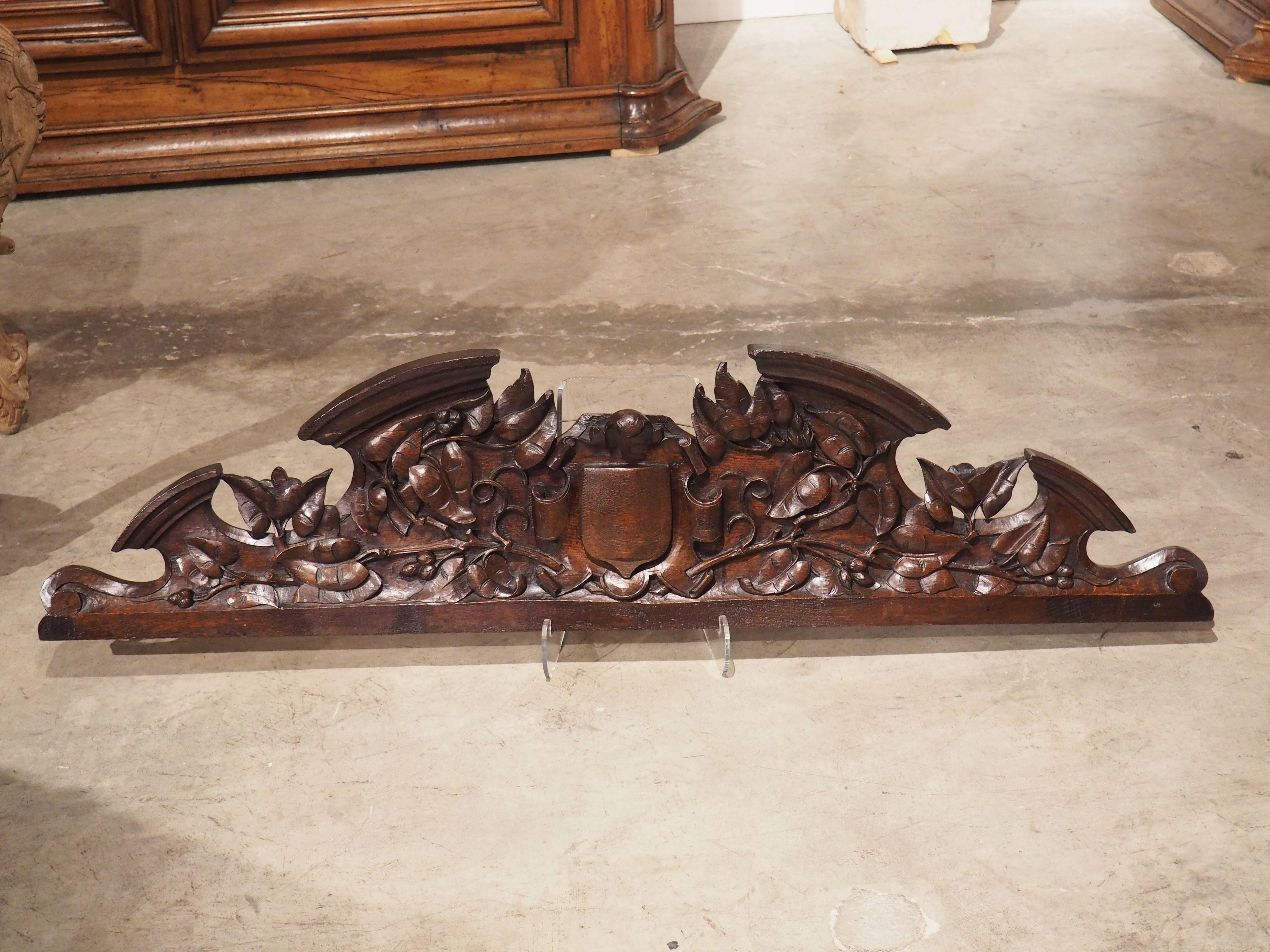 Hand-Carved Antique French Carved Oak Overdoor Crest with Cartouche, 19th Century