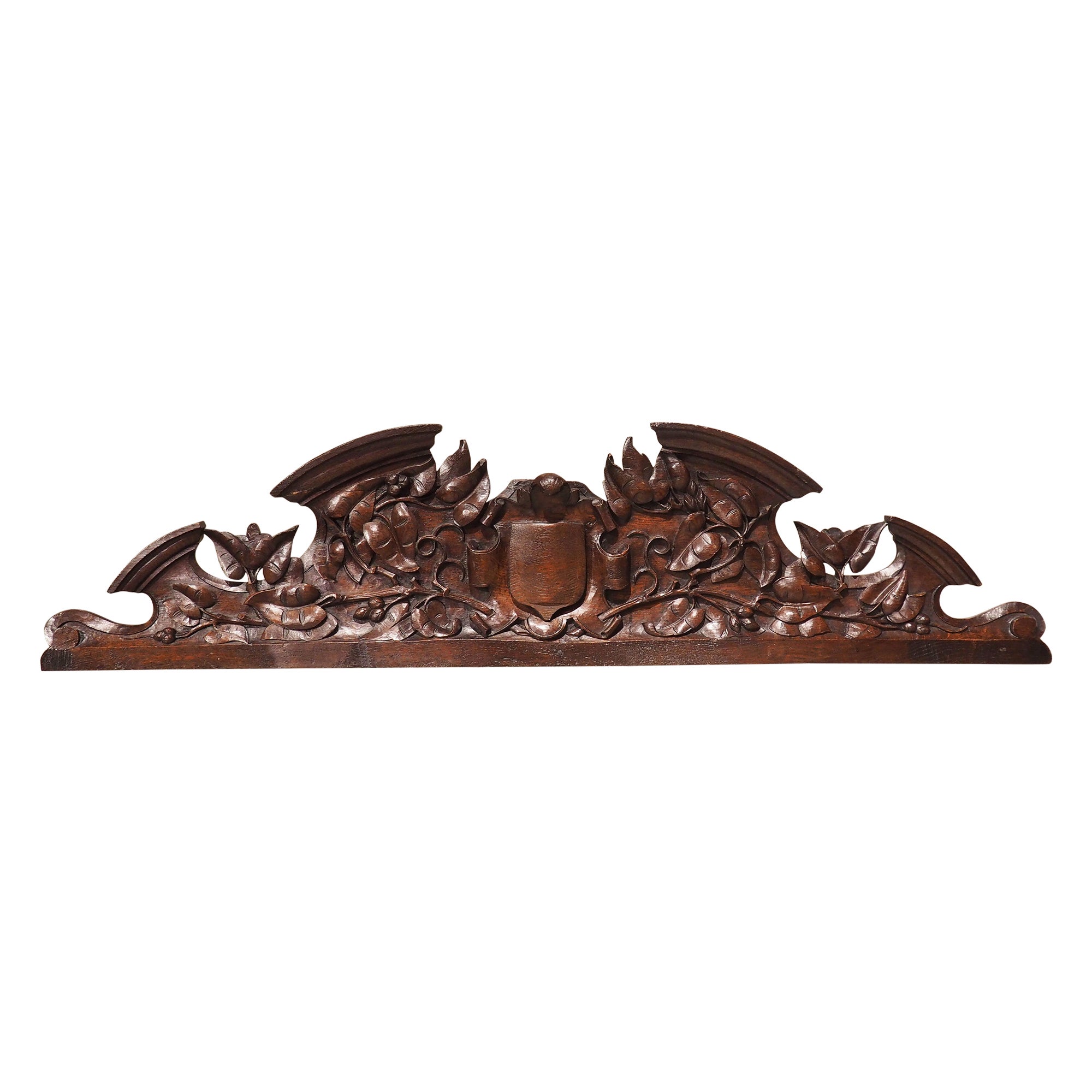 Antique French Carved Oak Overdoor Crest with Cartouche, 19th Century