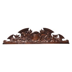Antique French Carved Oak Overdoor Crest with Cartouche, 19th Century