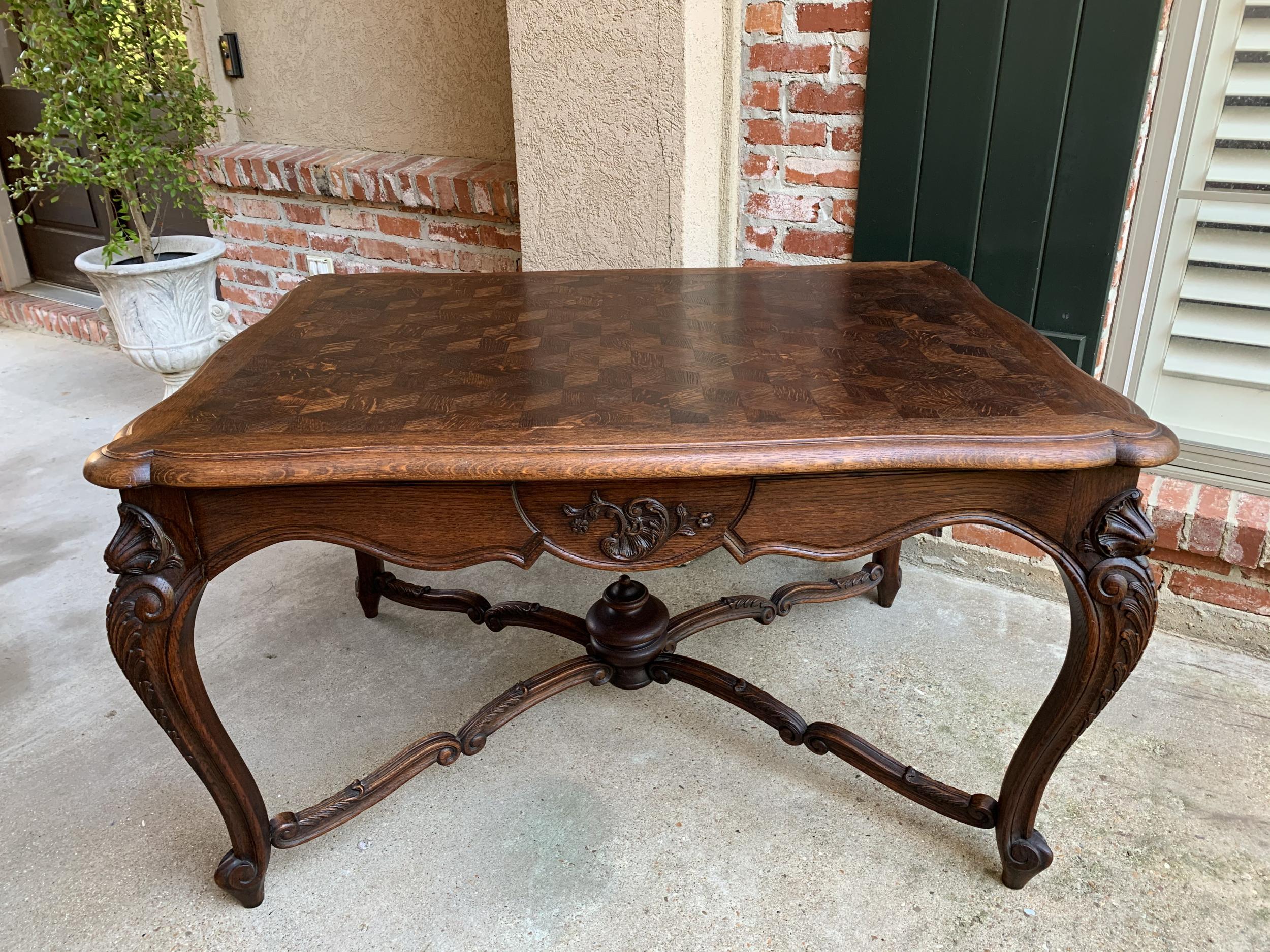 Antique French Carved Oak Parquet Dining Table Kitchen Library Louis XV Style In Good Condition In Shreveport, LA