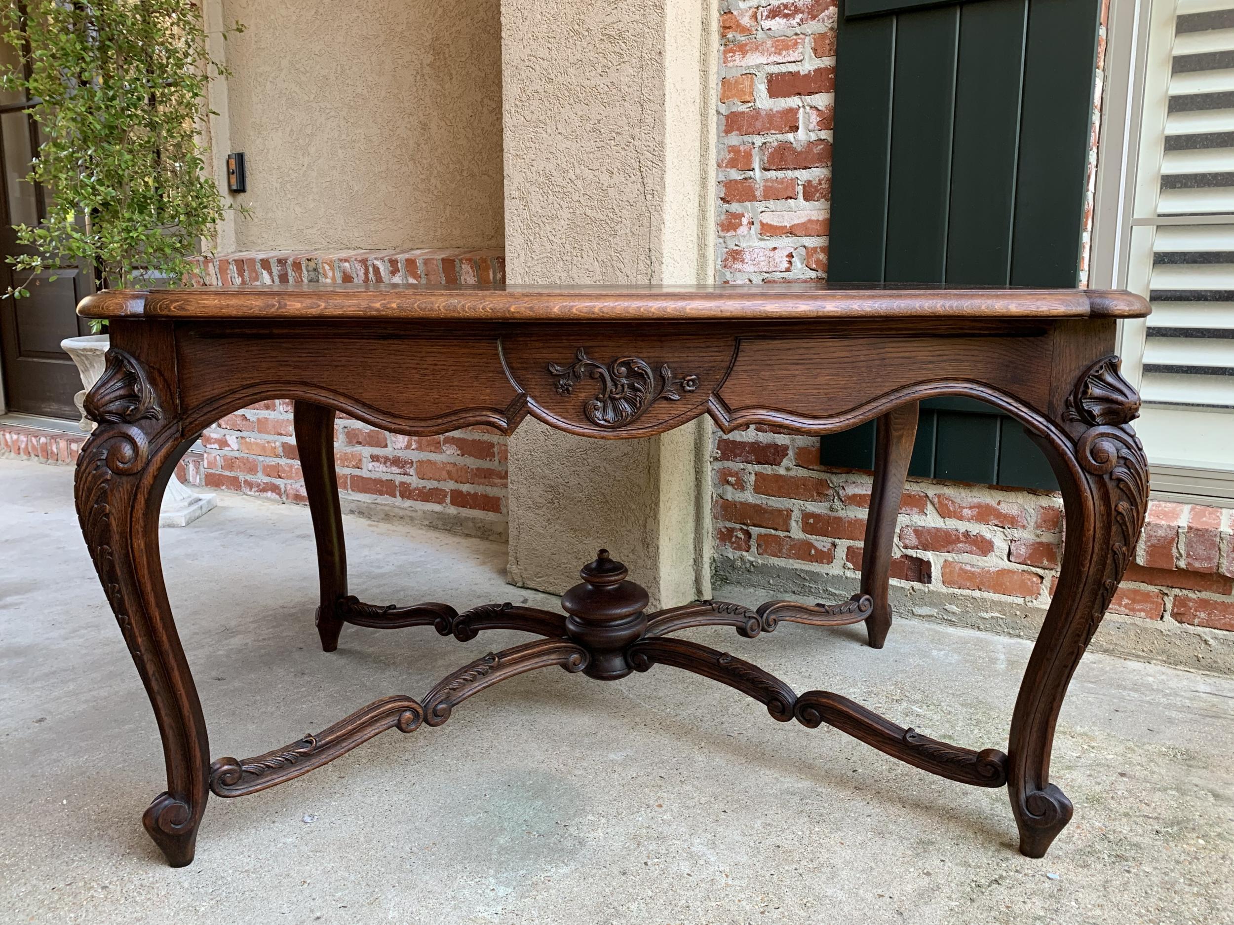 20th Century Antique French Carved Oak Parquet Dining Table Kitchen Library Louis XV Style